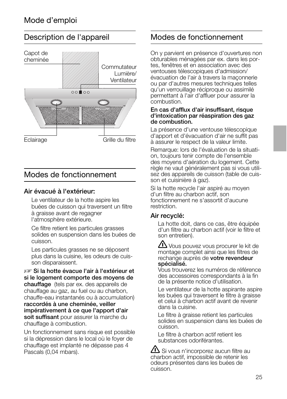 Description de l'appareil modes de fonctionnement, Mode d’emploi modes de fonctionnement | Siemens LC 46392 User Manual | Page 25 / 80