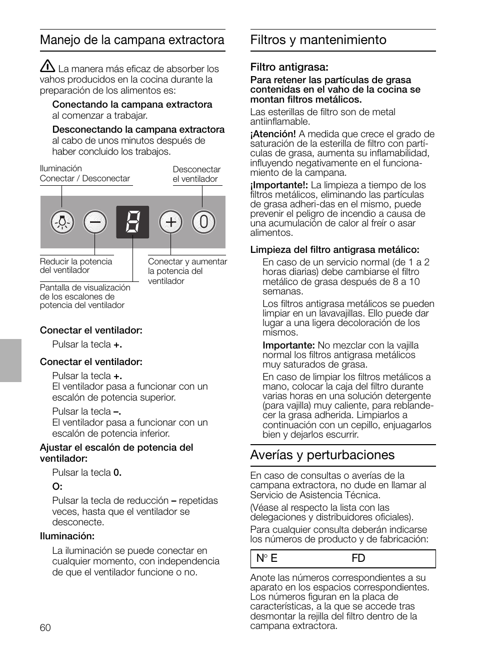 Manejo de la campana extractora, Filtros y mantenimiento, Averías y perturbaciones | Siemens LC 46392 User Manual | Page 60 / 80