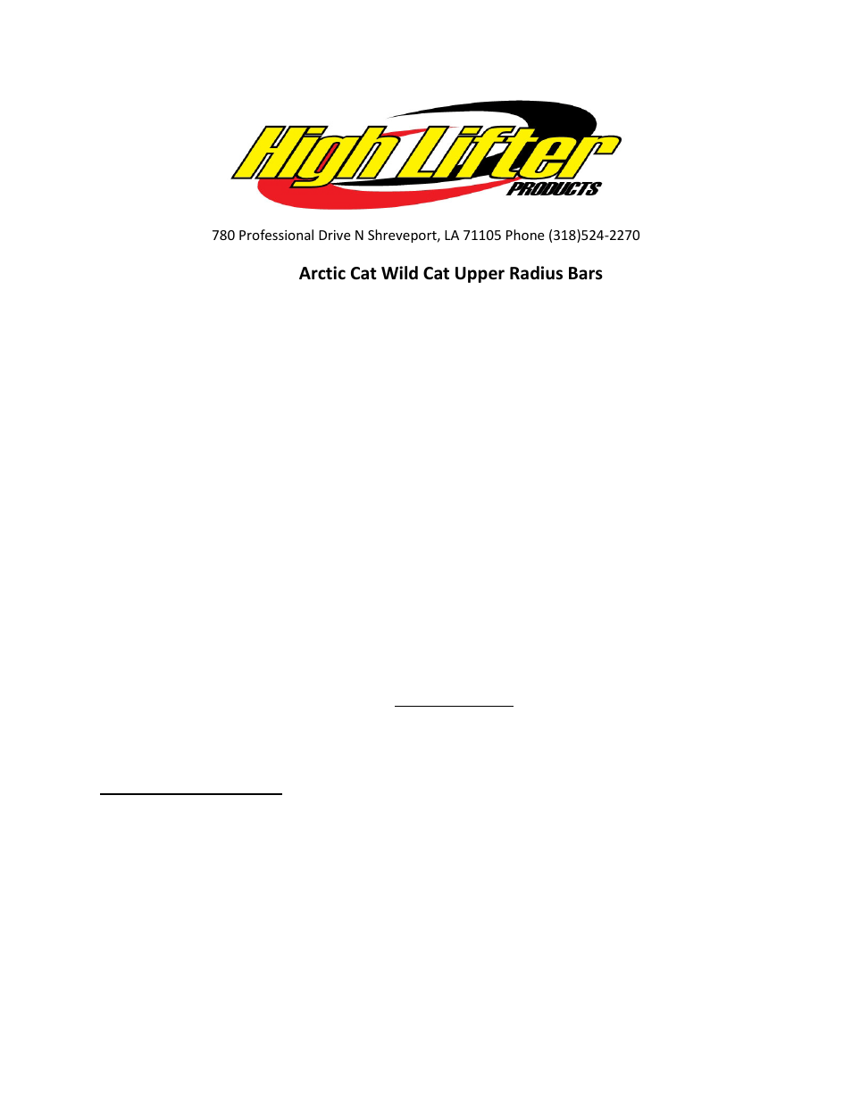 High Lifter Max Clearance Upper Radius Bar for Arctic Cat 1000 Wildcat User Manual | 6 pages