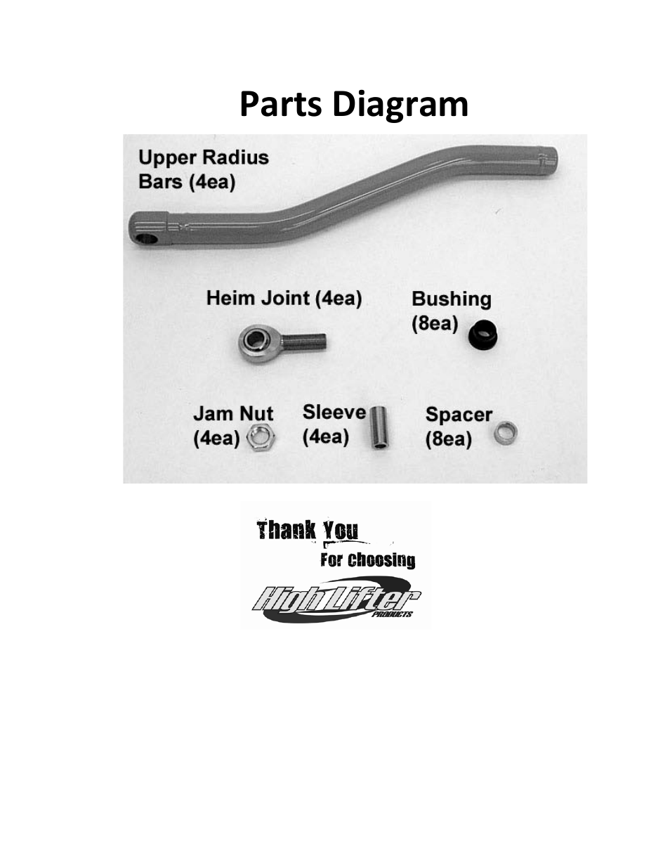 Parts diagram | High Lifter Max Clearance Upper Radius Bar for Arctic Cat 1000 Wildcat User Manual | Page 2 / 6