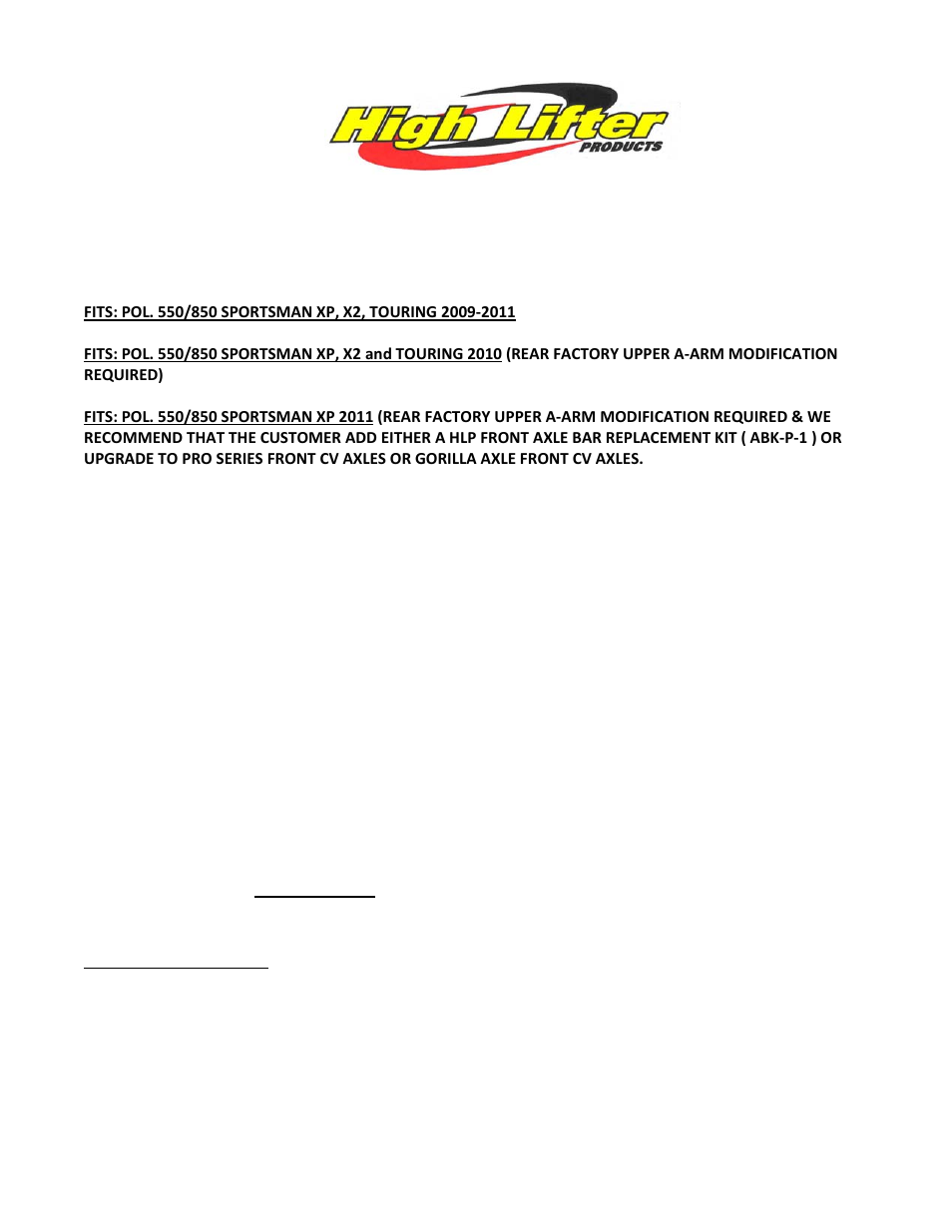 High Lifter Lift Kit for Polaris 550 - Signature Series User Manual | 8 pages