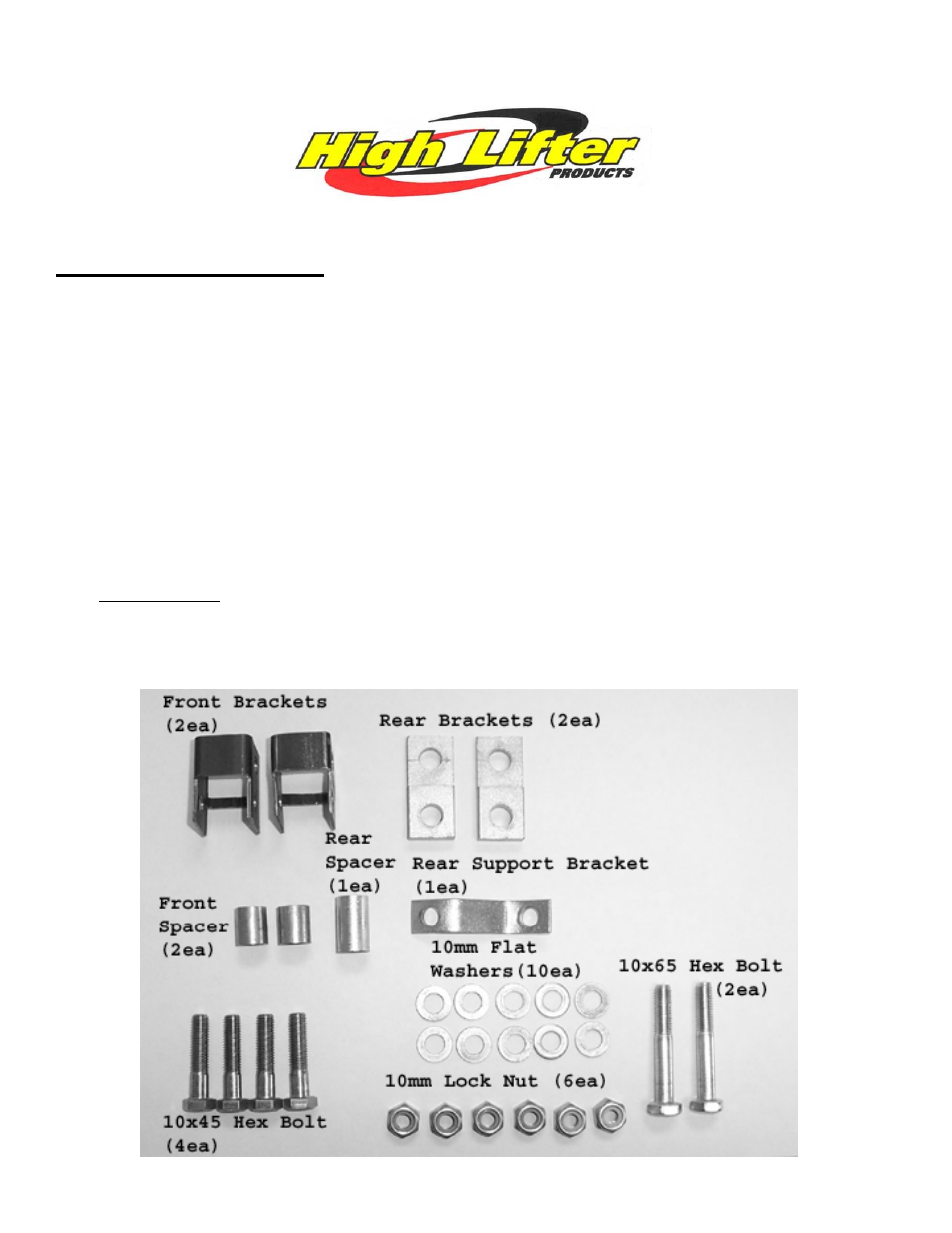 High Lifter Lift Kit for Suzuki Ozark 250 2x4 (02-07) User Manual | 4 pages