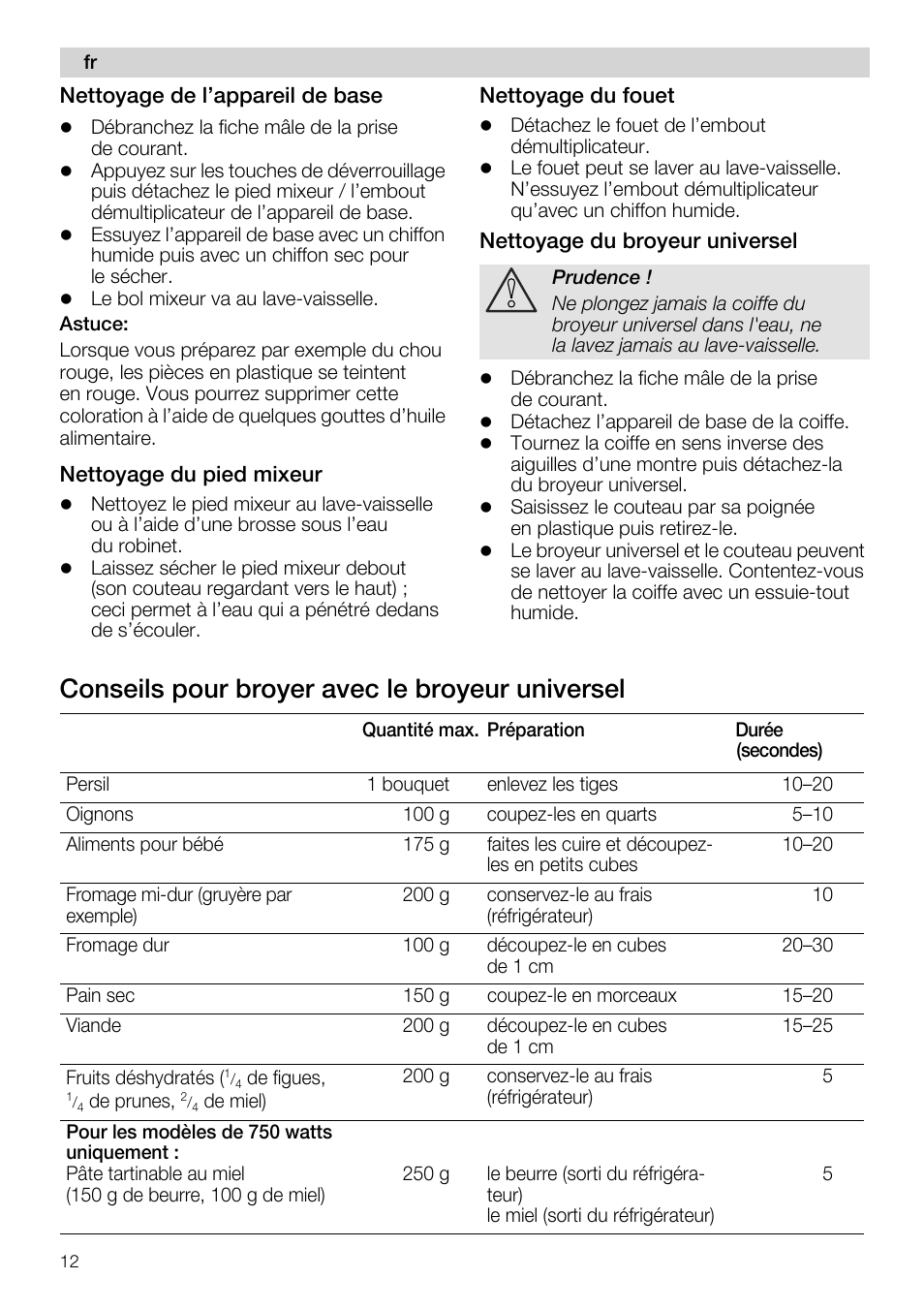 Nettoyage de l’appareil de base, Nettoyage du pied mixeur, Nettoyage du fouet | Nettoyage du broyeur universel, Conseils pour broyer avec le broyeur universel | Siemens MQ 5 N 391 User Manual | Page 12 / 81