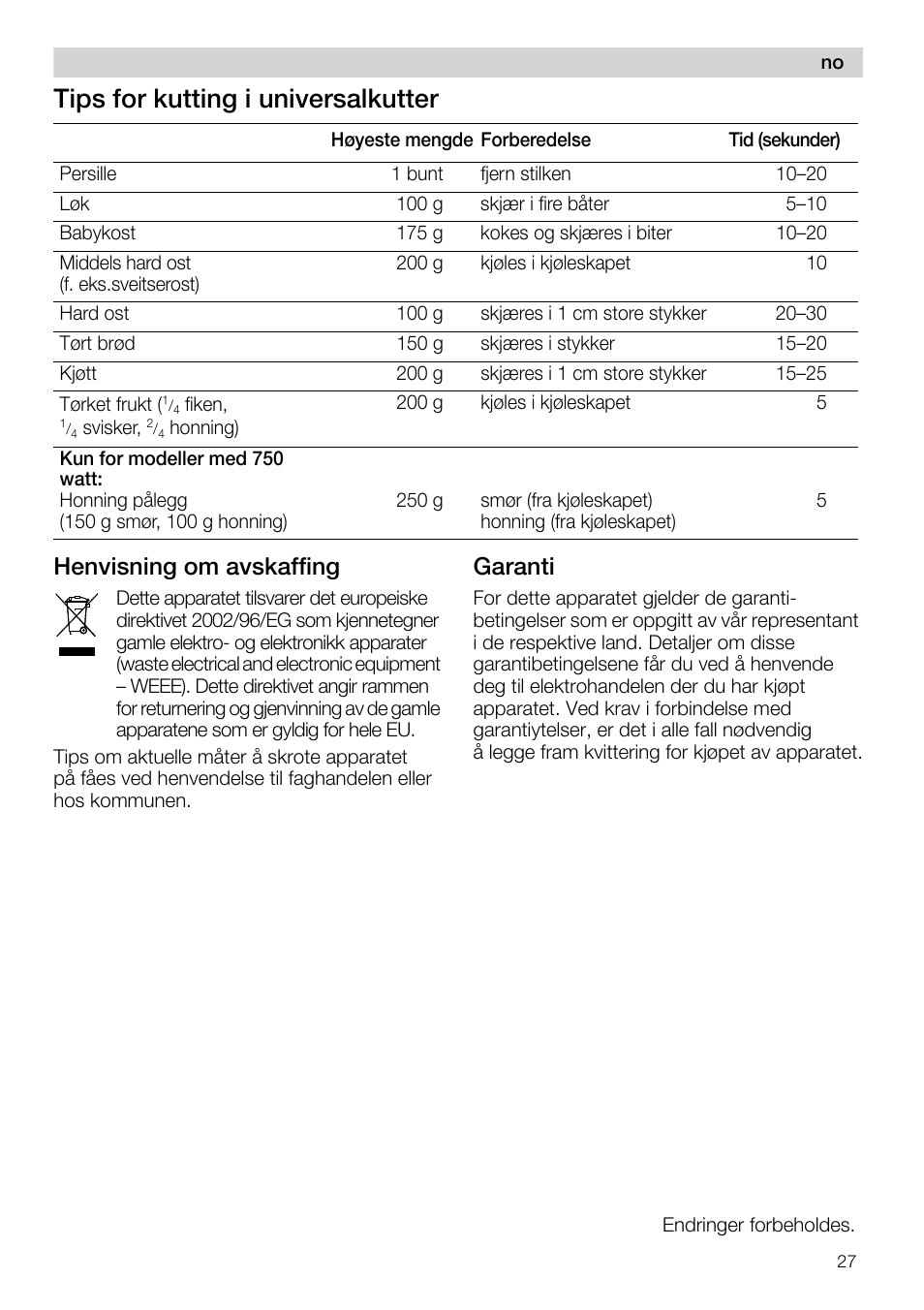 Henvisning om avskaffing, Garanti, Tips for kutting i universaikutter | Siemens MQ 5 N 391 User Manual | Page 27 / 81