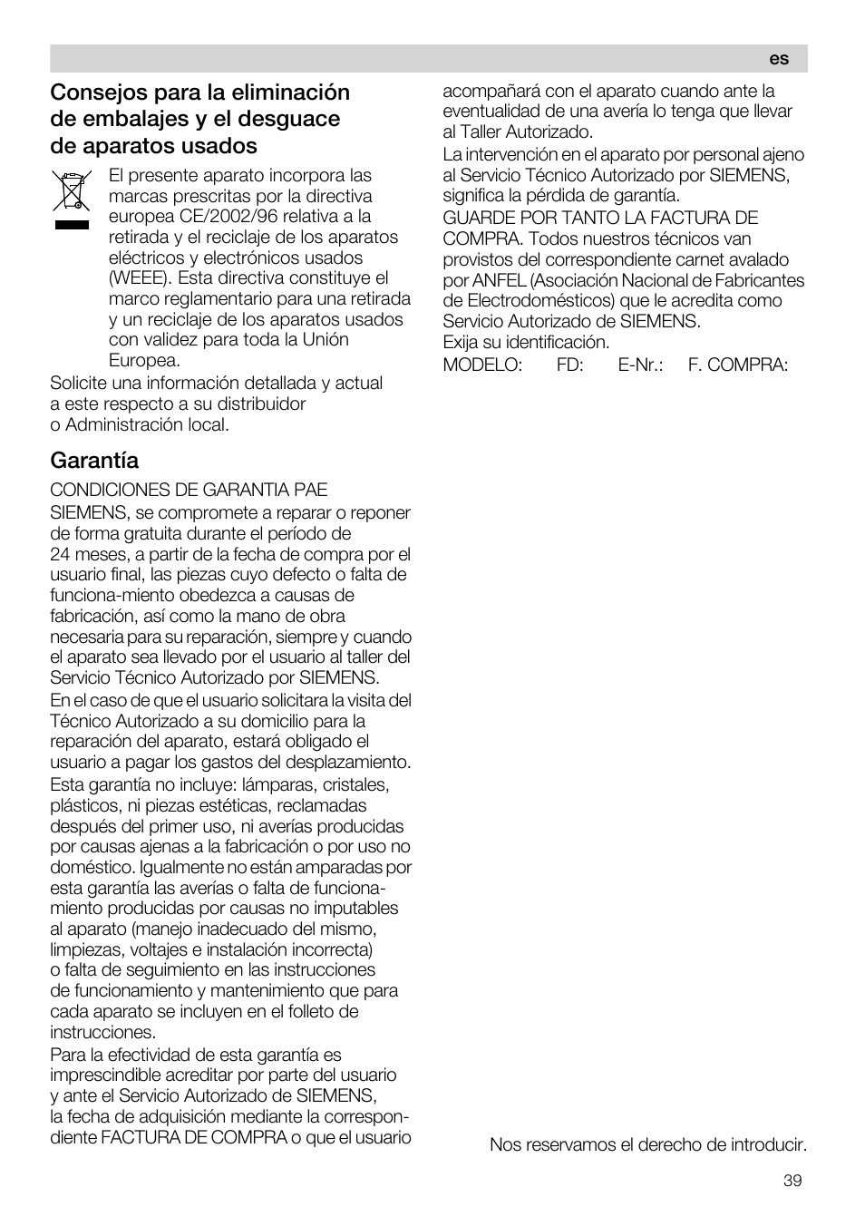 Garantía | Siemens MQ 5 N 391 User Manual | Page 39 / 81