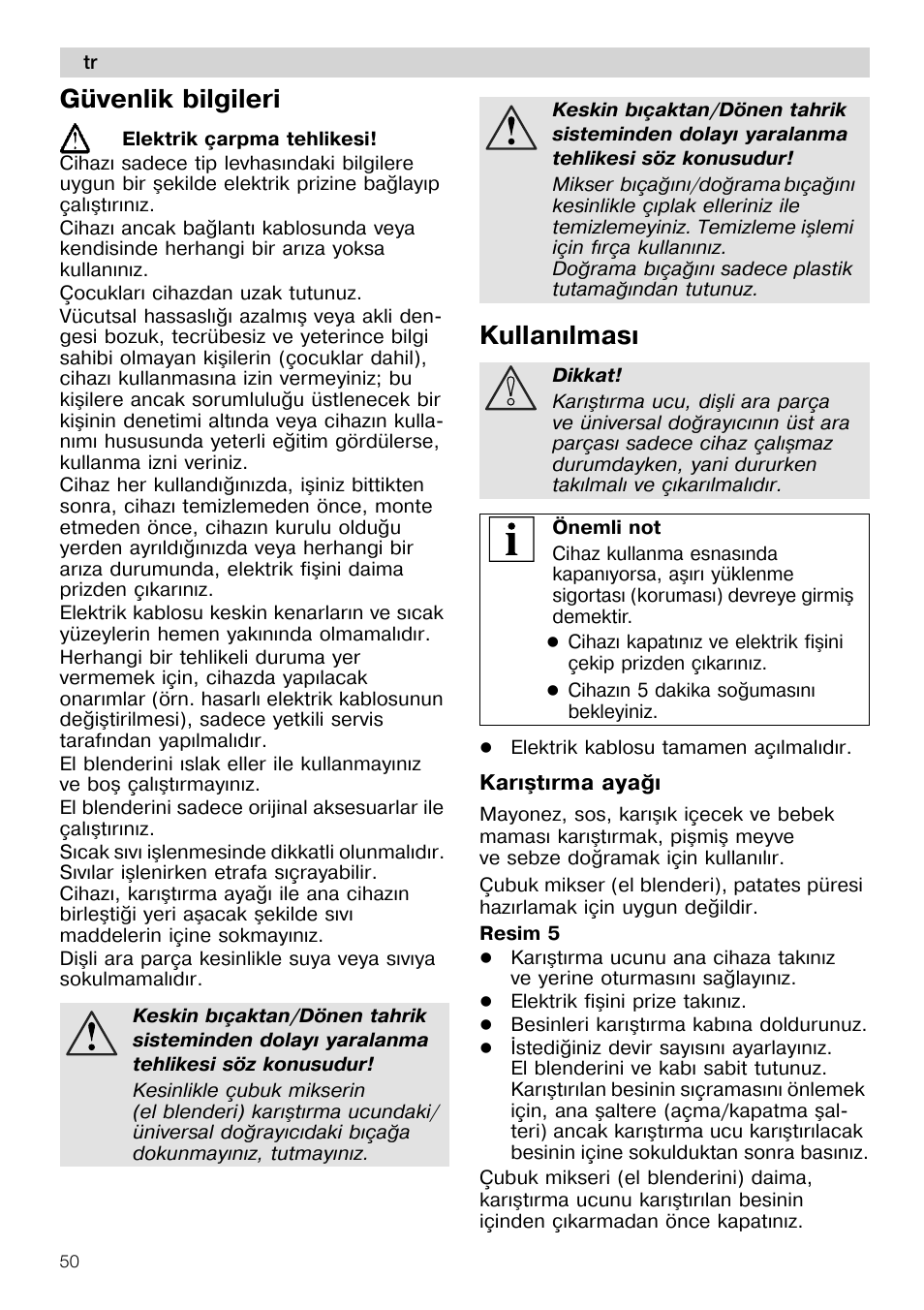 Güvenlik bilgileri, Karistirma aya^i | Siemens MQ 5 N 391 User Manual | Page 50 / 81