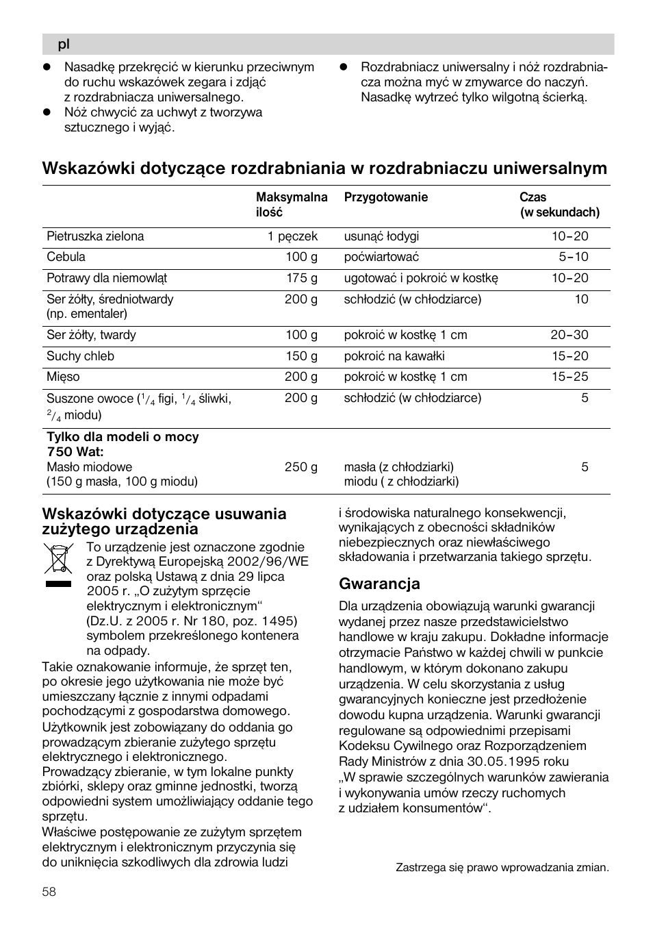 Wskazowki dotyczqce usuwania zuzytego urzqdzenia, Gwarancja | Siemens MQ 5 N 391 User Manual | Page 58 / 81