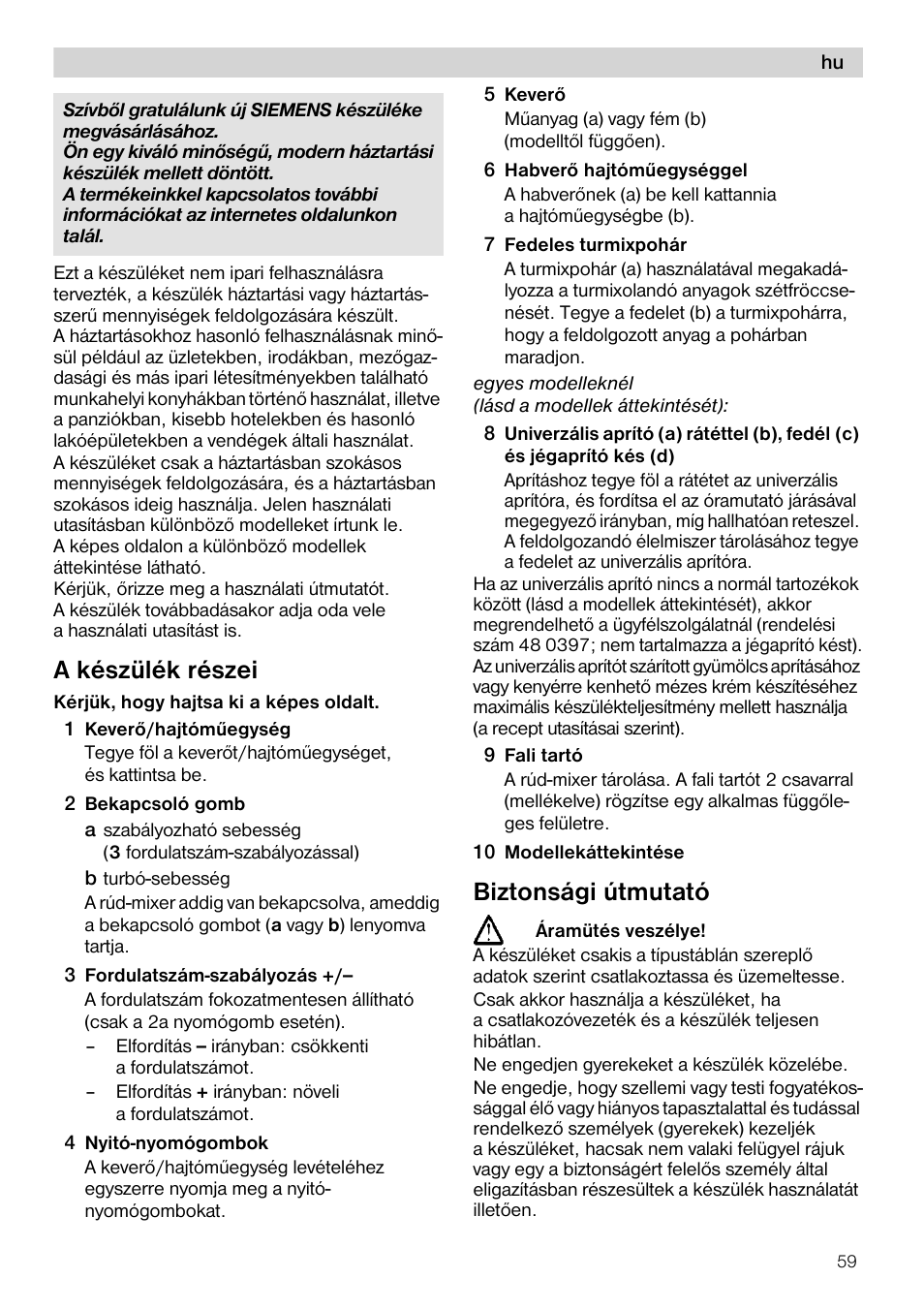 A készülék részei, Biztonsági útmutató | Siemens MQ 5 N 391 User Manual | Page 59 / 81