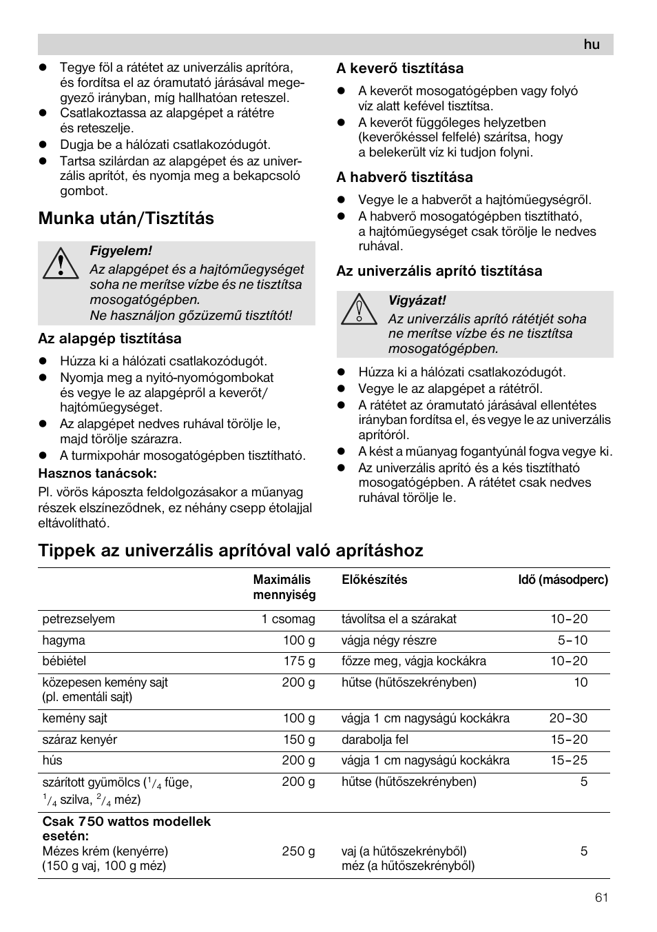 Munka után/tisztítás, A kevero tisztítása, A habvero tisztítása | Az univerzális aprító tisztítása vigyázat, Tippek az univerzális aprítóval való aprításhoz, Az alapgép tisztítása, Az univerzális aprító tisztítása | Siemens MQ 5 N 391 User Manual | Page 61 / 81