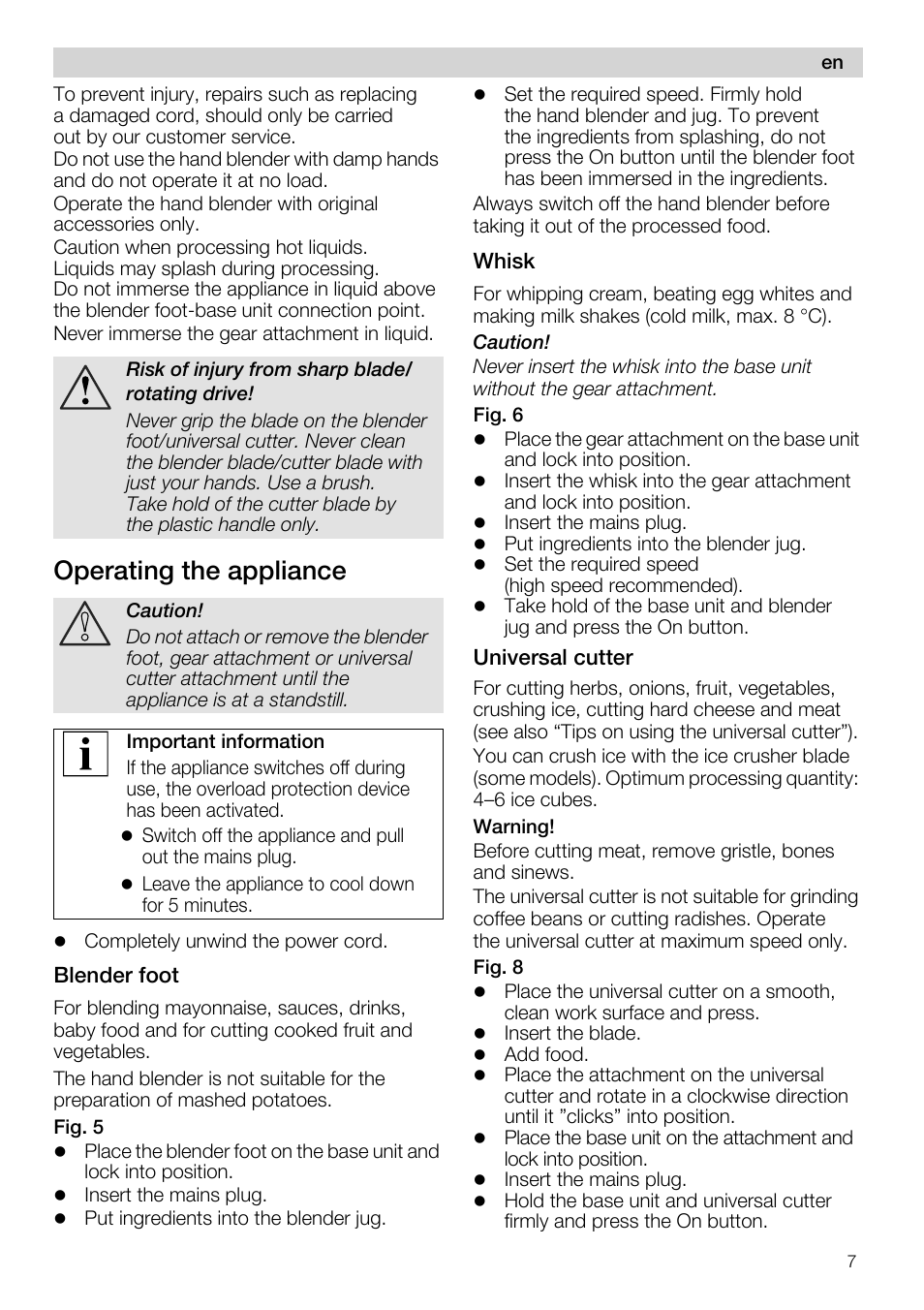 Operating the appliance, Whisk, Universal cutter | Siemens MQ 5 N 391 User Manual | Page 7 / 81