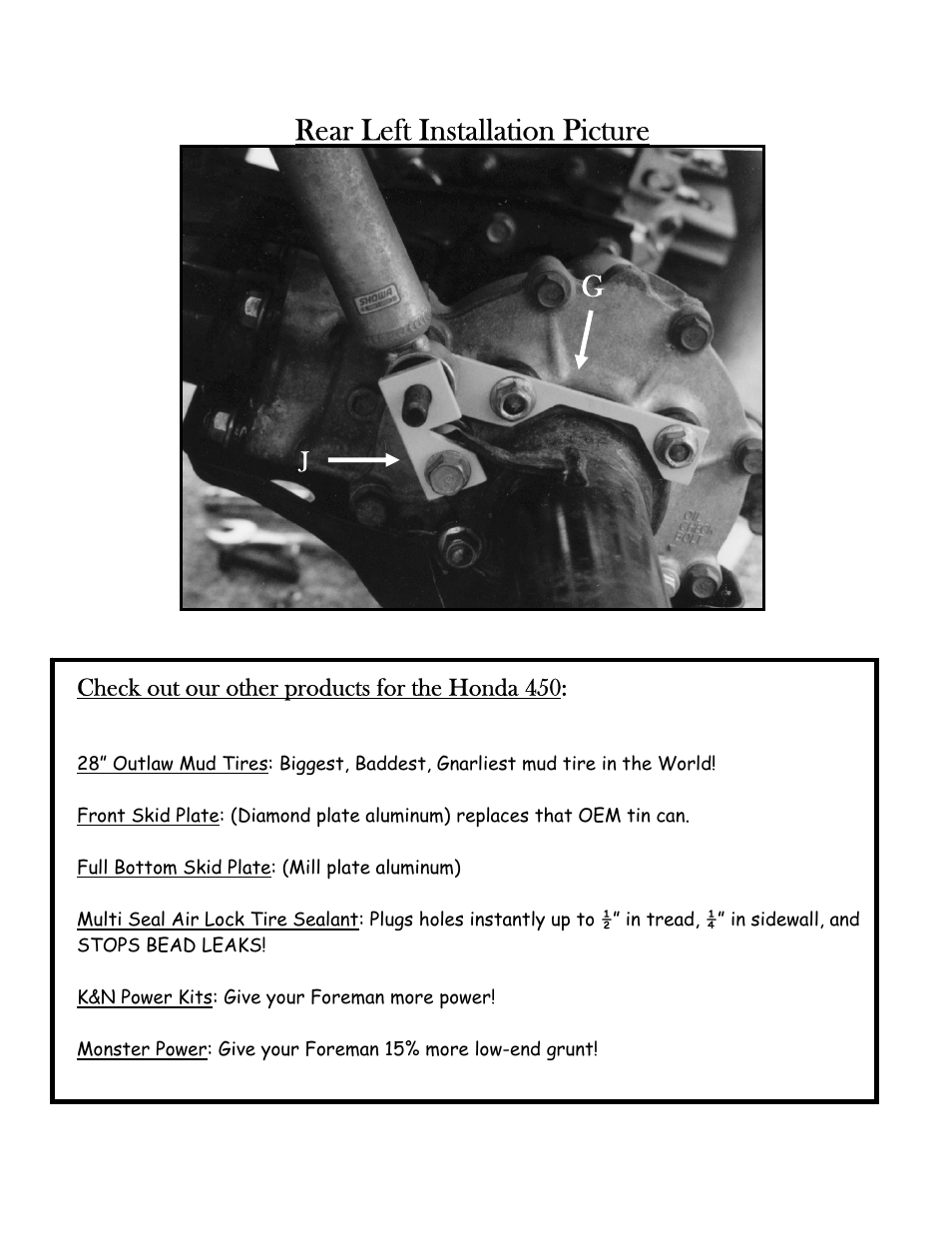 Rear left installation picture | High Lifter Lift Kit for Honda Foreman 450 (02-04) User Manual | Page 8 / 8