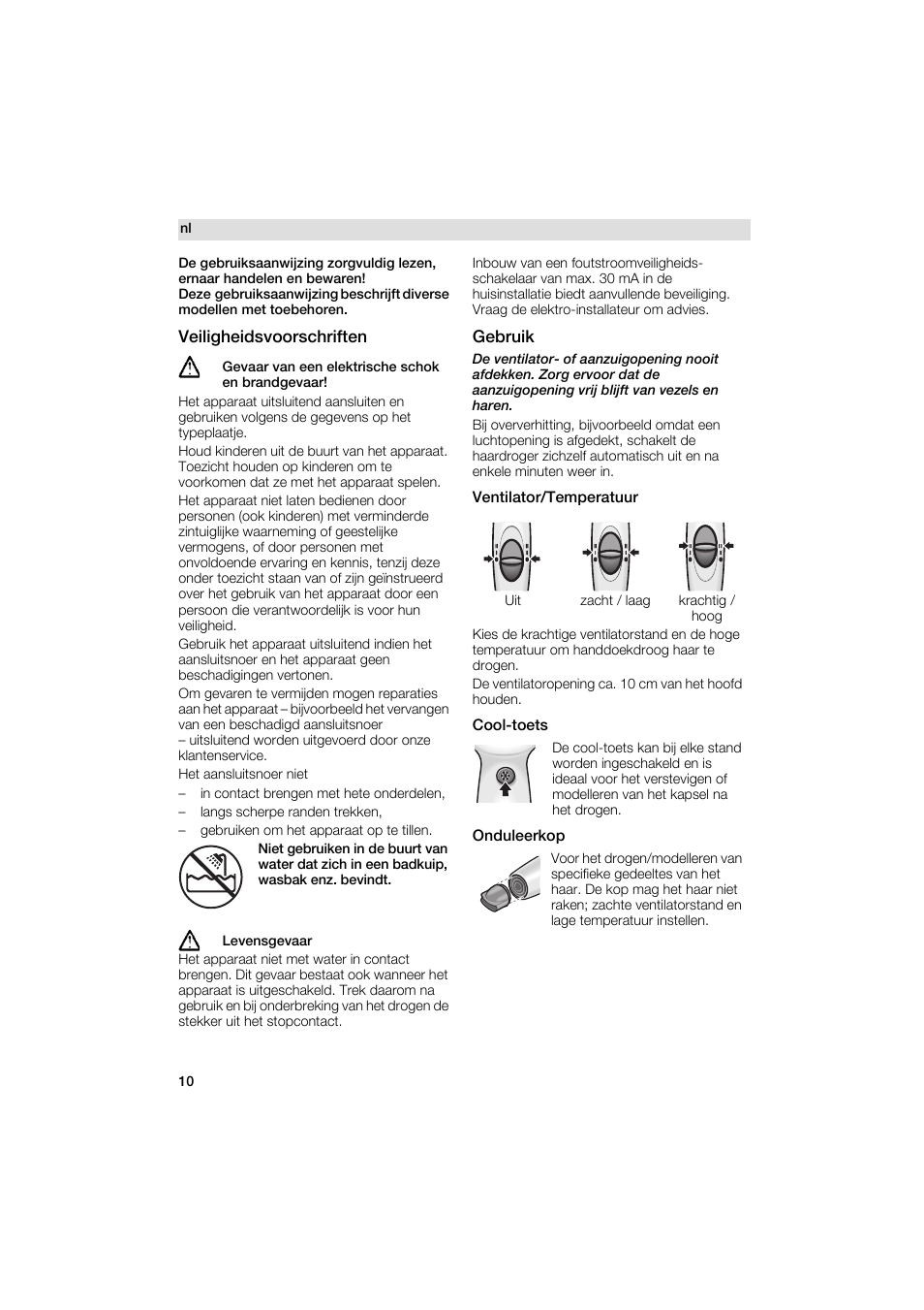 Veiligheidsvoorschriften, Gebruik, Ventilator/t emperatuur | Cool-toets, Onduleerkop | Siemens PH 2313 D User Manual | Page 10 / 48