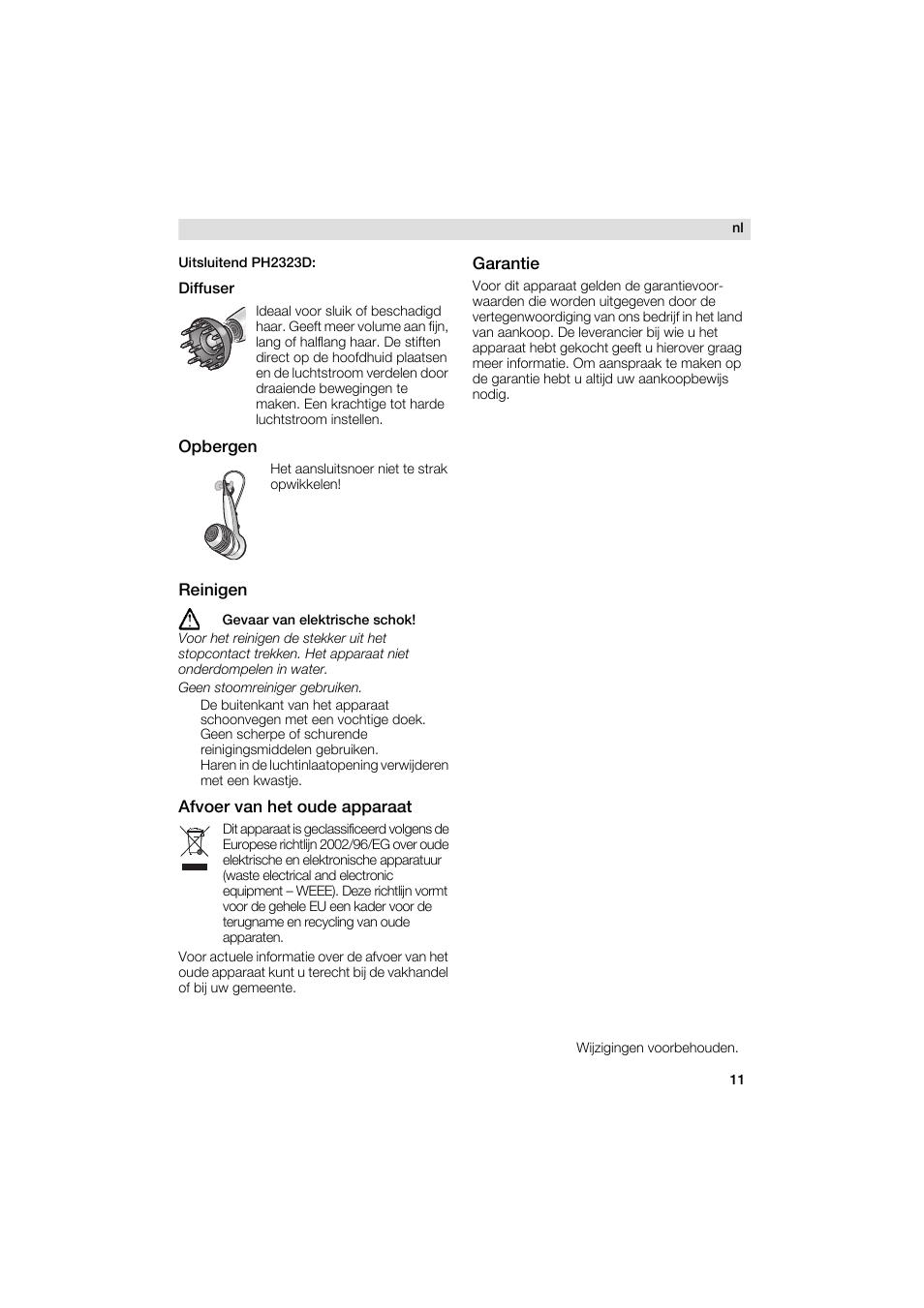 Diffuser, Opbergen, Garantie | Reinigen, Afvoer van het oude apparaat | Siemens PH 2313 D User Manual | Page 11 / 48