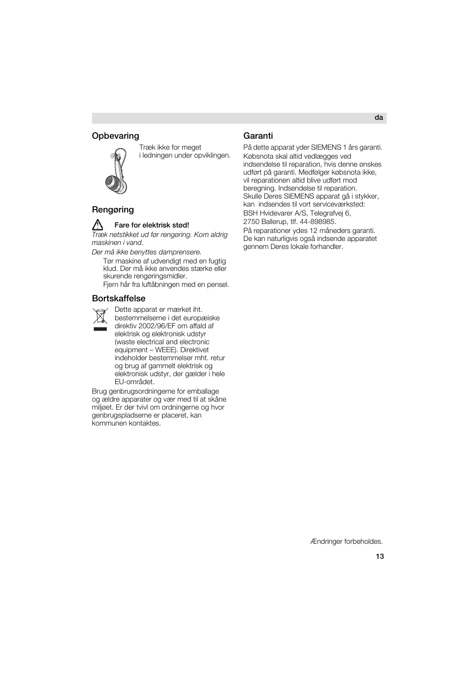 Opbevaring, Bortskaffelse, Garanti | Rengoring | Siemens PH 2313 D User Manual | Page 13 / 48