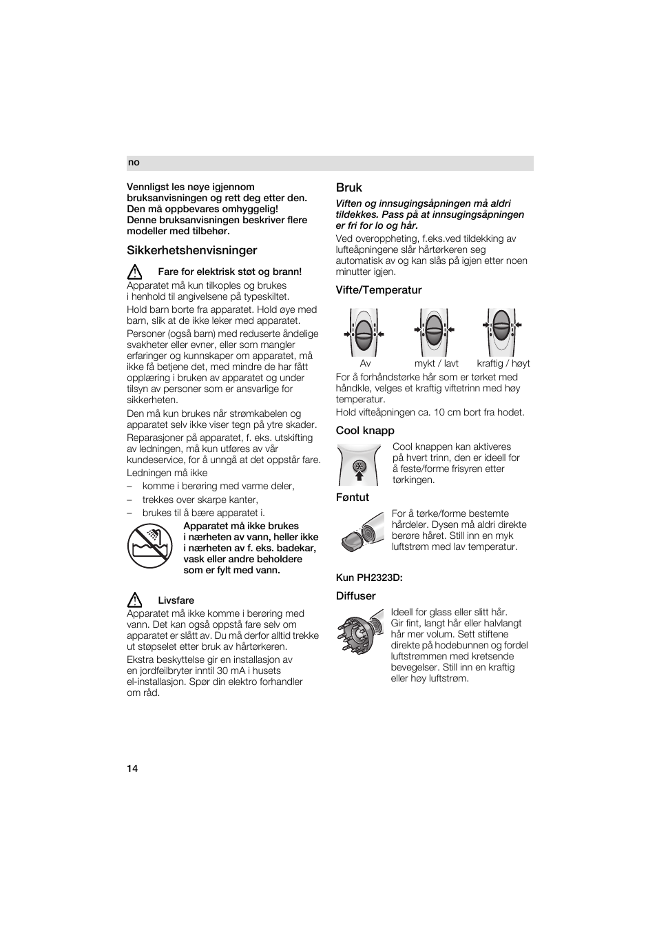 Sikkerhetshenvisninger, Bruk, Vifte/temperatur | Cool knapp, Fontut, Diffuser | Siemens PH 2313 D User Manual | Page 14 / 48