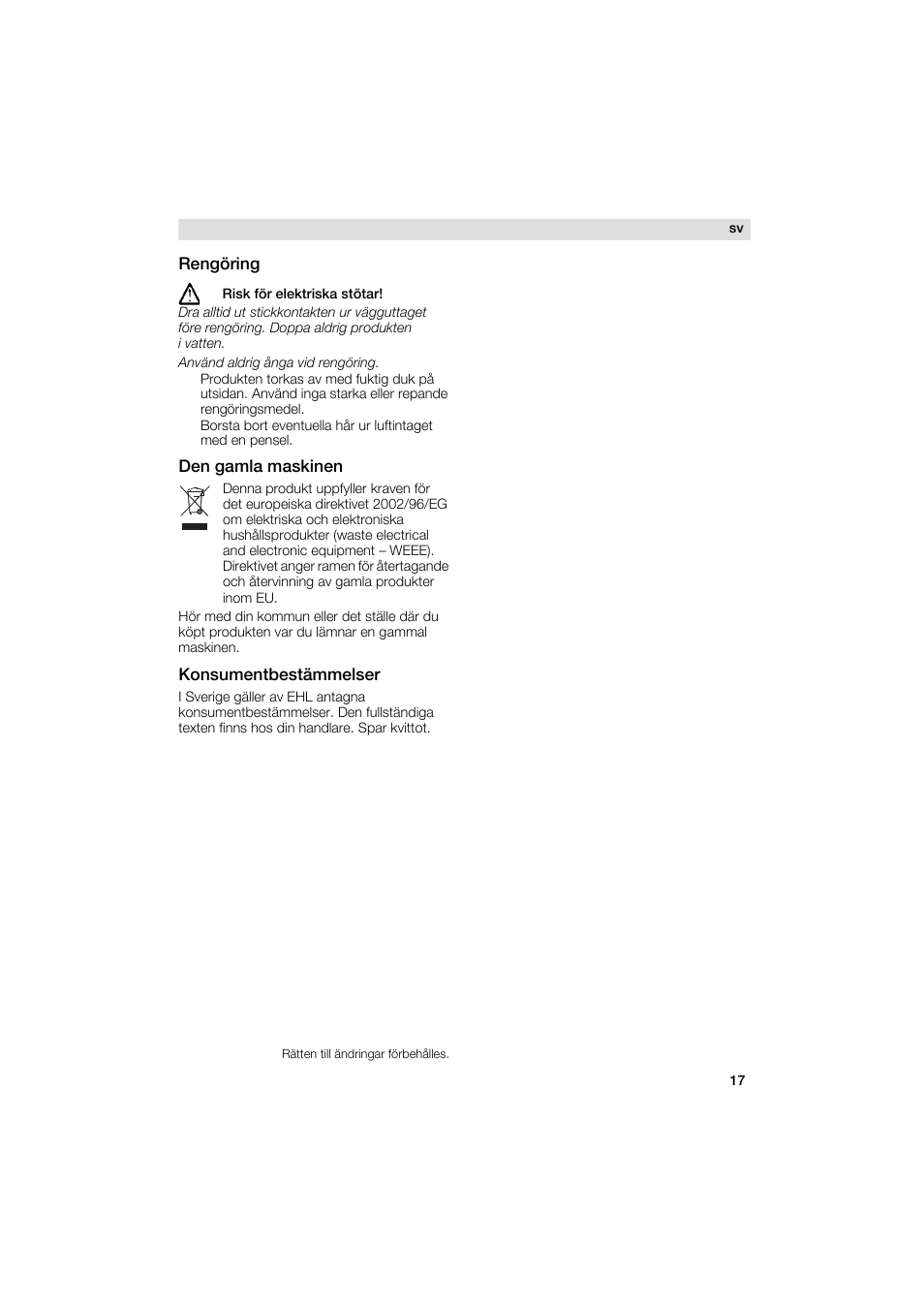 Rengöring, Den gamia maskinen, Konsumentbestämmelser | Siemens PH 2313 D User Manual | Page 17 / 48