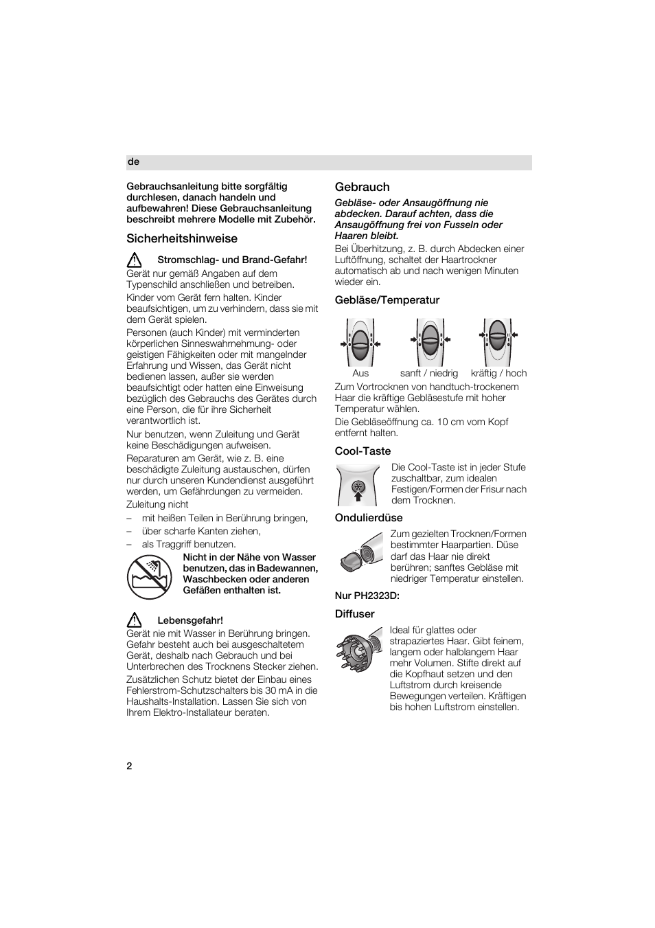 Gebläse/temperatur, Cool-taste, Ondulierdüse | Diffuser, Sicherheitshinweise, Gebrauch | Siemens PH 2313 D User Manual | Page 2 / 48