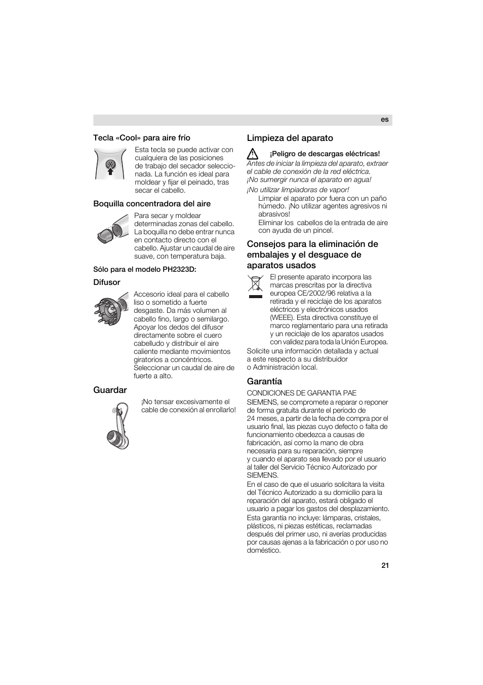 Guardar, Limpieza del aparato, Garantía | Siemens PH 2313 D User Manual | Page 21 / 48