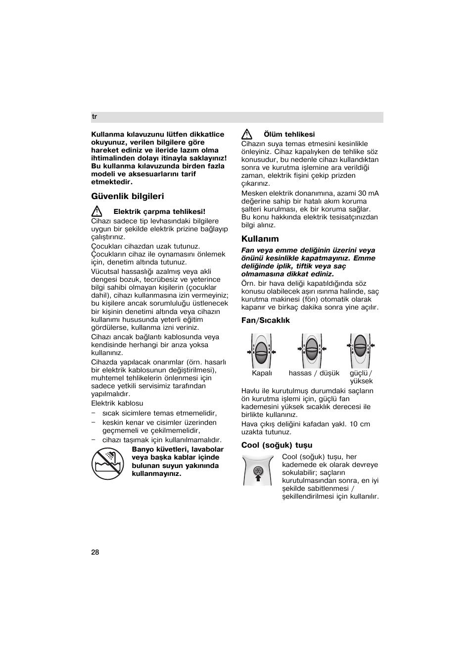 Güvenlik bilgileri, Kullanim, Fan/sicaklik | Cool (so^uk) tusu | Siemens PH 2313 D User Manual | Page 28 / 48