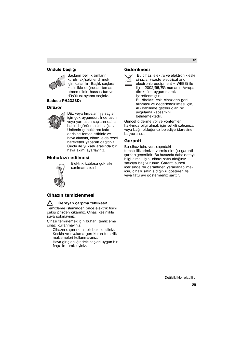 Muhafaza edilmesi, Giderilmesi, Garanti | Cihazin temizlenmesi | Siemens PH 2313 D User Manual | Page 29 / 48