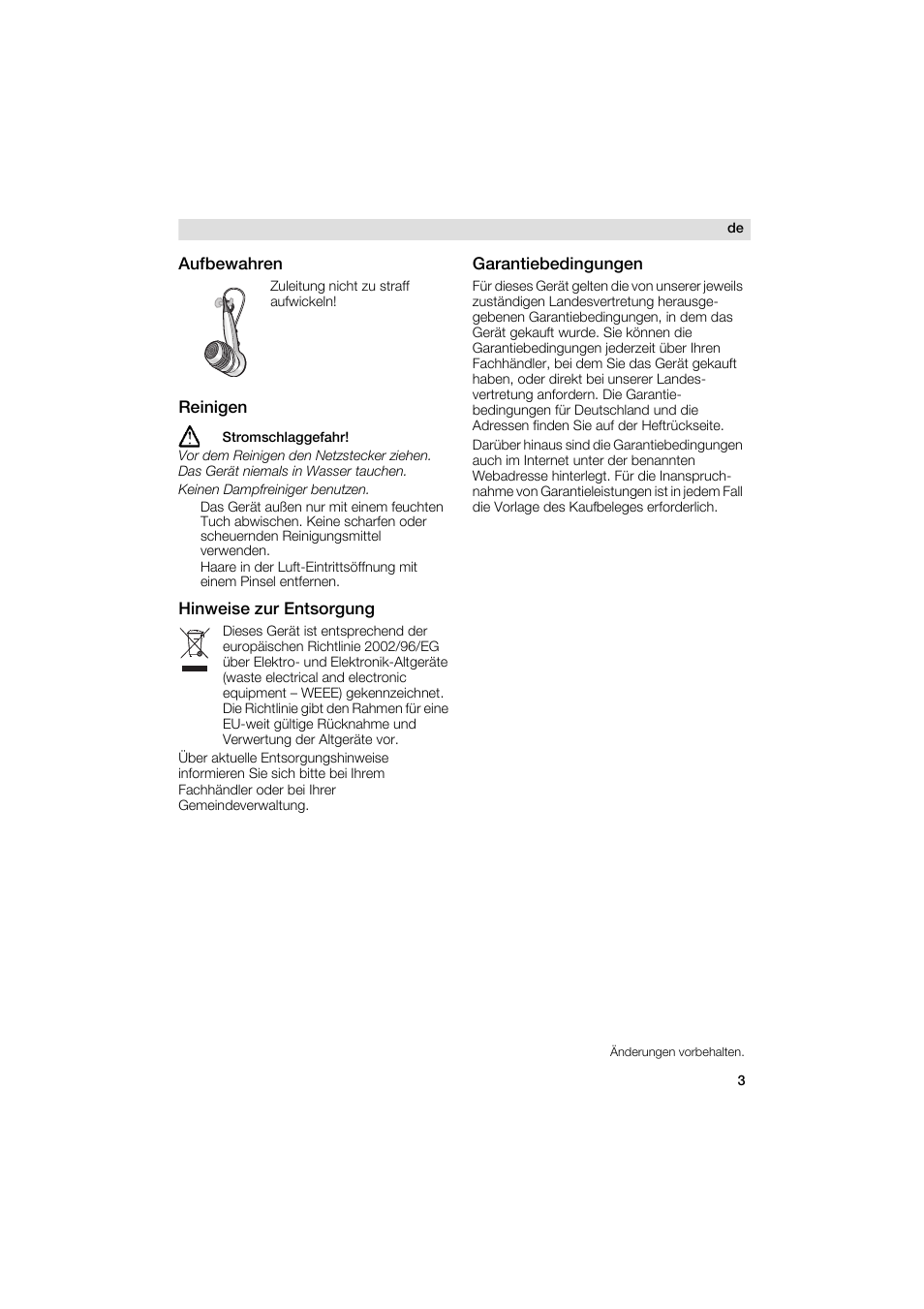 Aufbewahren, Reinigen, Hinweise zur entsorgung | Garantiebedingungen | Siemens PH 2313 D User Manual | Page 3 / 48