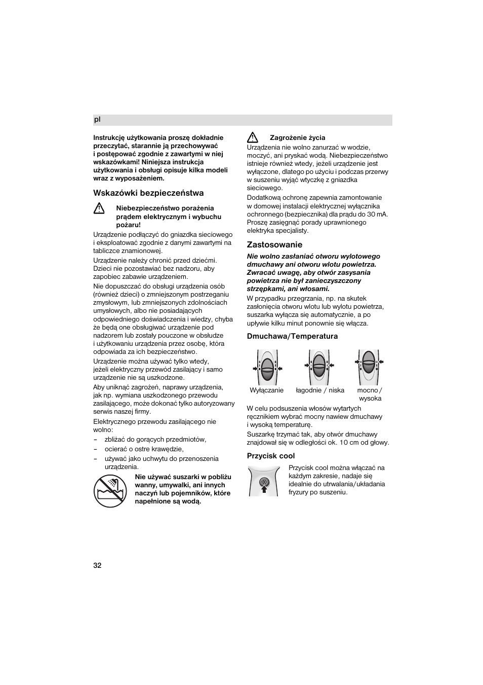 Wskazówki bezpieczenstwa, Zastosowanie | Siemens PH 2313 D User Manual | Page 32 / 48