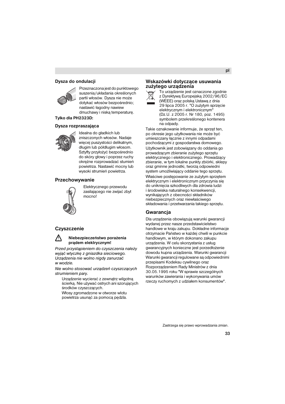 Dysza do ondulacji, Przechowywanie, Czyszczenie | Wskazówki dotyczqce usuwania zuzytego urzqdzenia, Gwarancja | Siemens PH 2313 D User Manual | Page 33 / 48