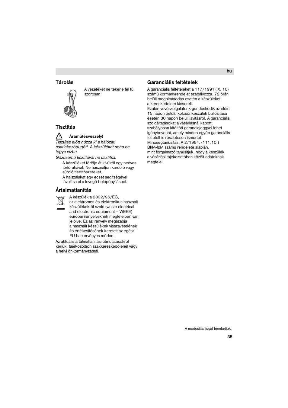 Tarolas, Tisztitas, Artalmatlanitas | Garancialis feltetelek | Siemens PH 2313 D User Manual | Page 35 / 48