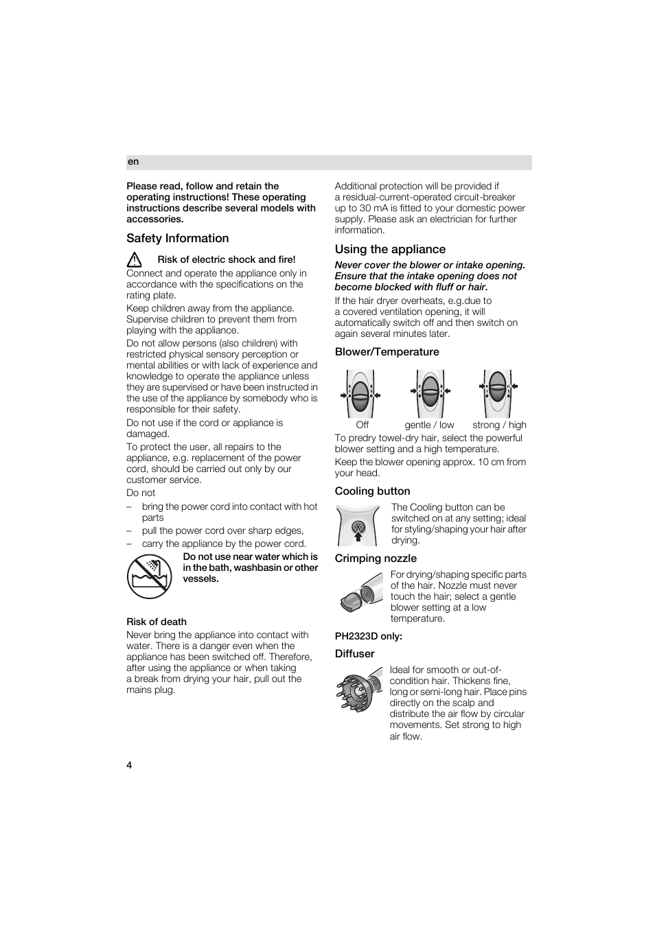 Safety information, Using the appliance, Blower/temperature | Cooling button, Crimping nozzle, Diffuser | Siemens PH 2313 D User Manual | Page 4 / 48