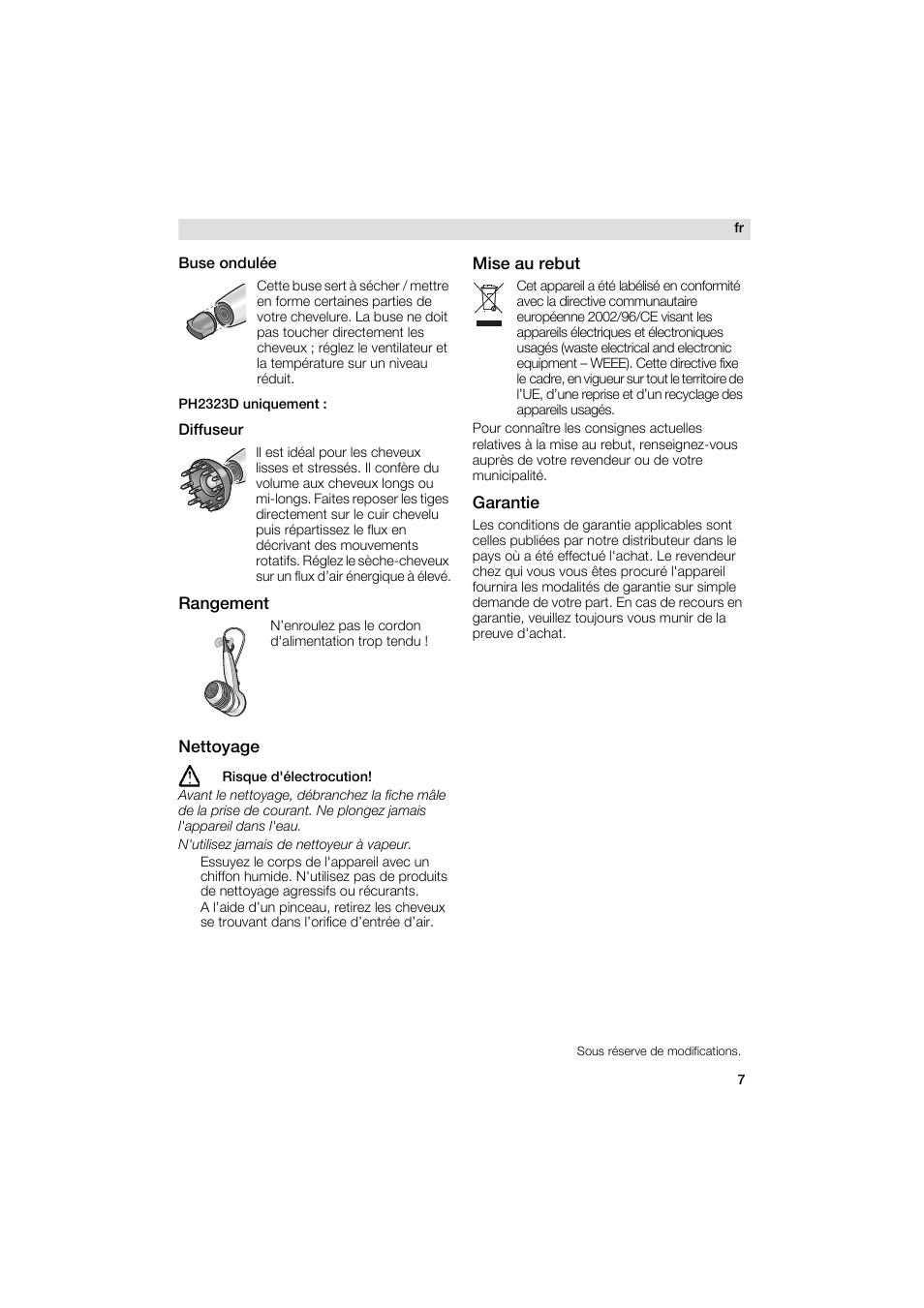 Buse ondulée, Diffuseur, Rangement | Mise au rebut, Garantie, Nettoyage | Siemens PH 2313 D User Manual | Page 7 / 48