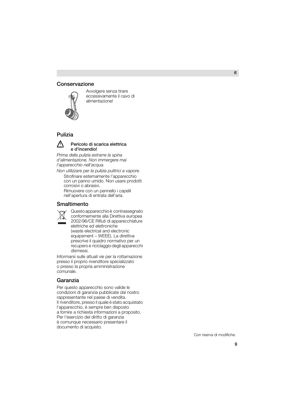 Conservazione, Pulizia, Smaltimento | Garanzia | Siemens PH 2313 D User Manual | Page 9 / 48