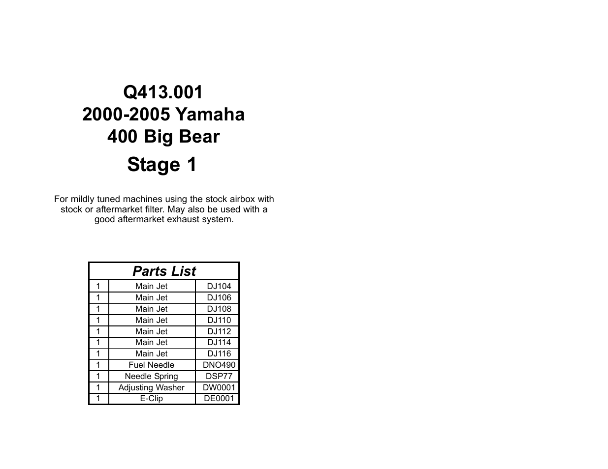 High Lifter DynoJet Jet Kit for Yamaha Big Bear 400 (00-06) User Manual | 2 pages
