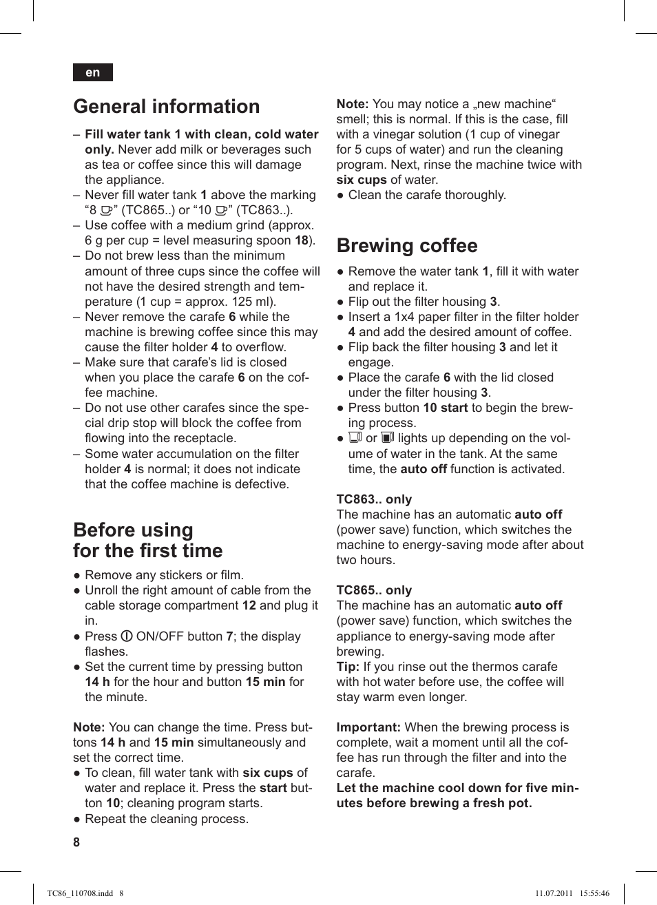 Brewing coffee, General information, Before using for the irst time | Siemens TC 86345 User Manual | Page 12 / 108