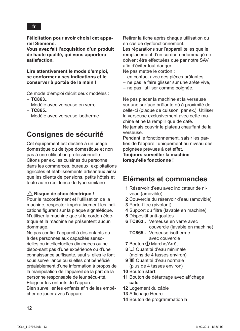 Consignes de sécurité, Eléments et commandes | Siemens TC 86345 User Manual | Page 16 / 108