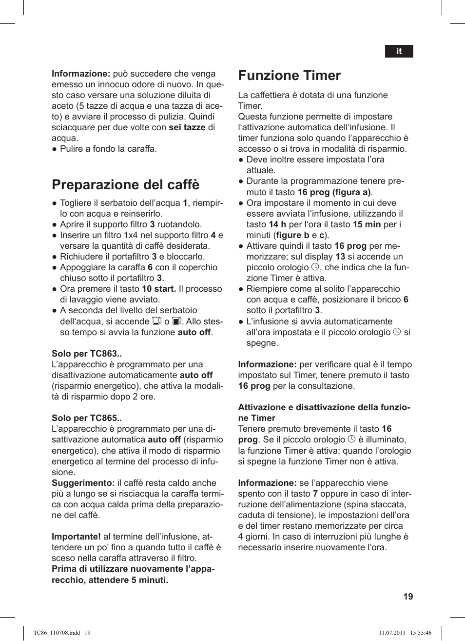 Funzione timer, Preparazione del caffè | Siemens TC 86345 User Manual | Page 23 / 108