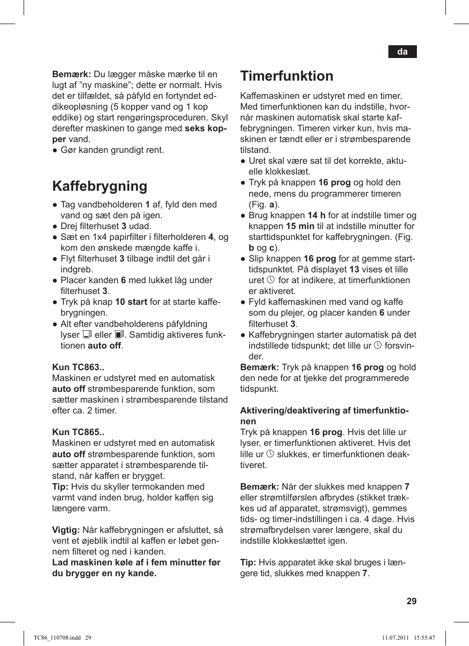 Timerfunktion, Kaffebrygning | Siemens TC 86345 User Manual | Page 33 / 108