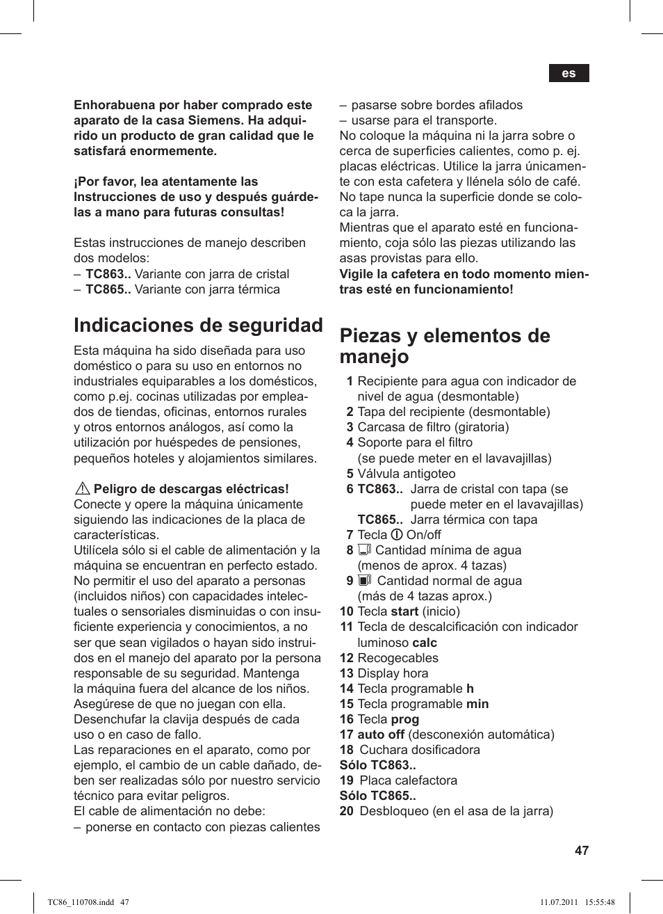 Indicaciones de seguridad, Piezas y elementos de manejo | Siemens TC 86345 User Manual | Page 51 / 108