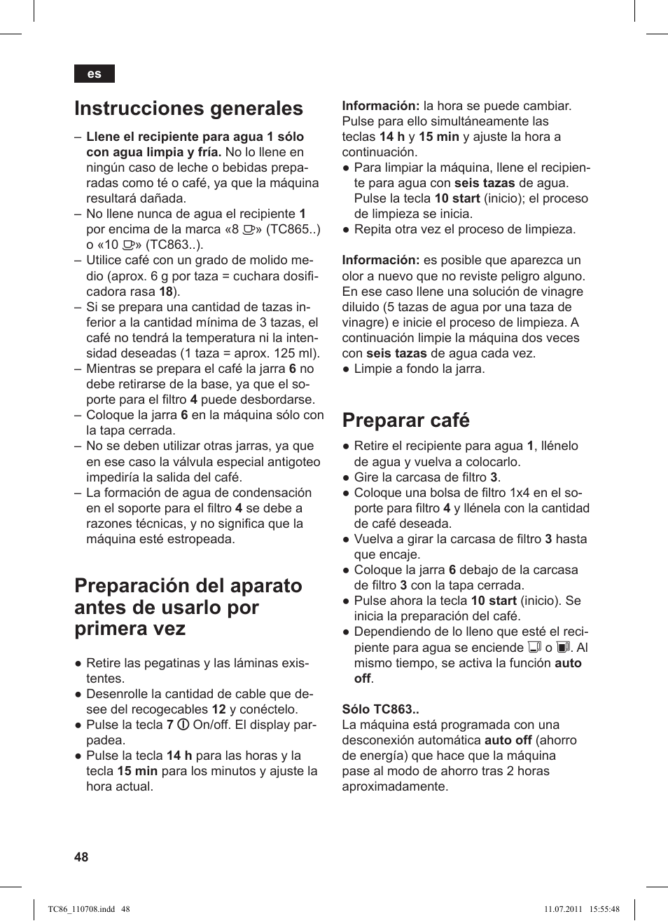 Preparar café, Instrucciones generales | Siemens TC 86345 User Manual | Page 52 / 108