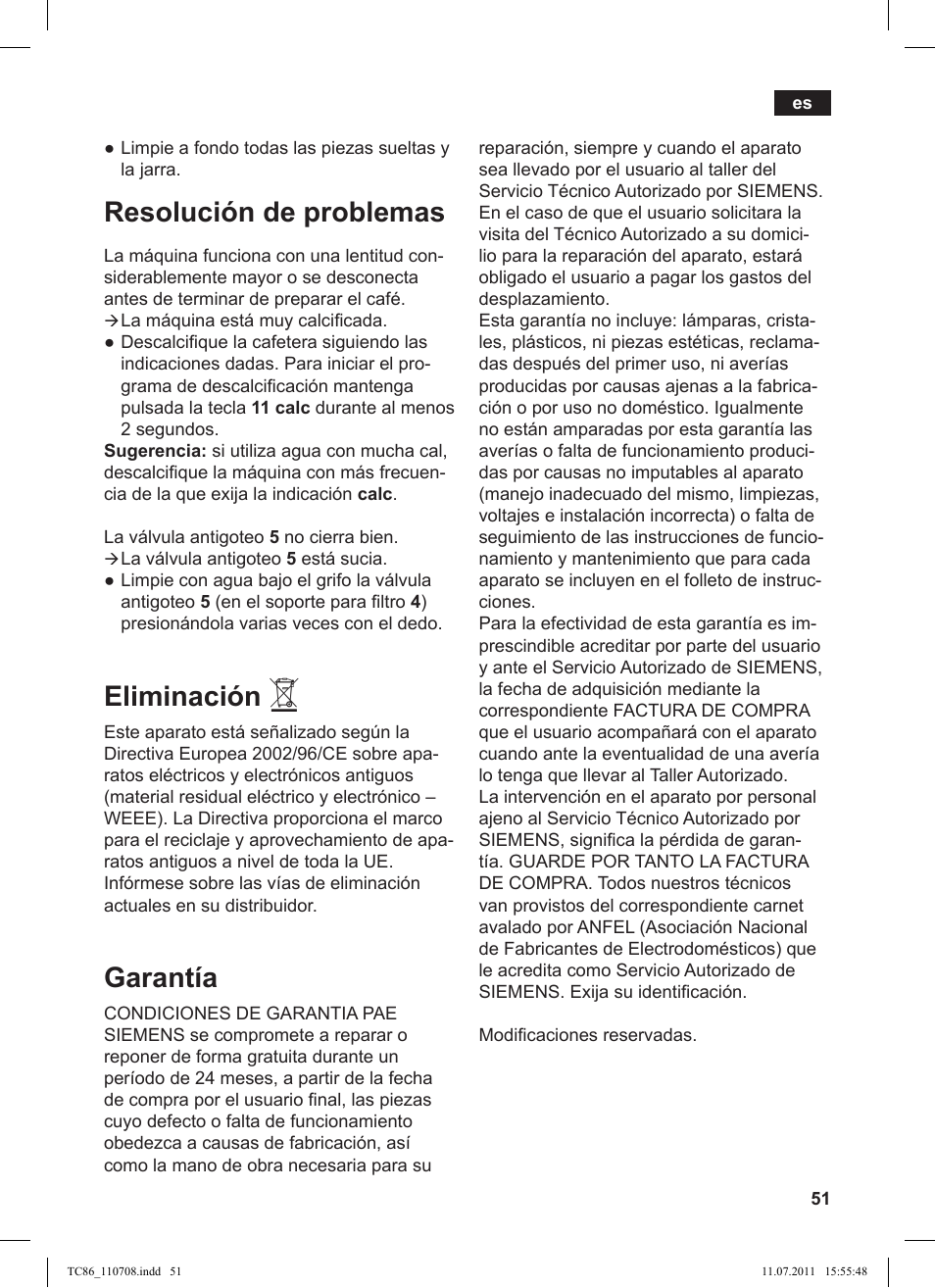 Resolución de problemas, Eliminación, Garantía | Siemens TC 86345 User Manual | Page 55 / 108