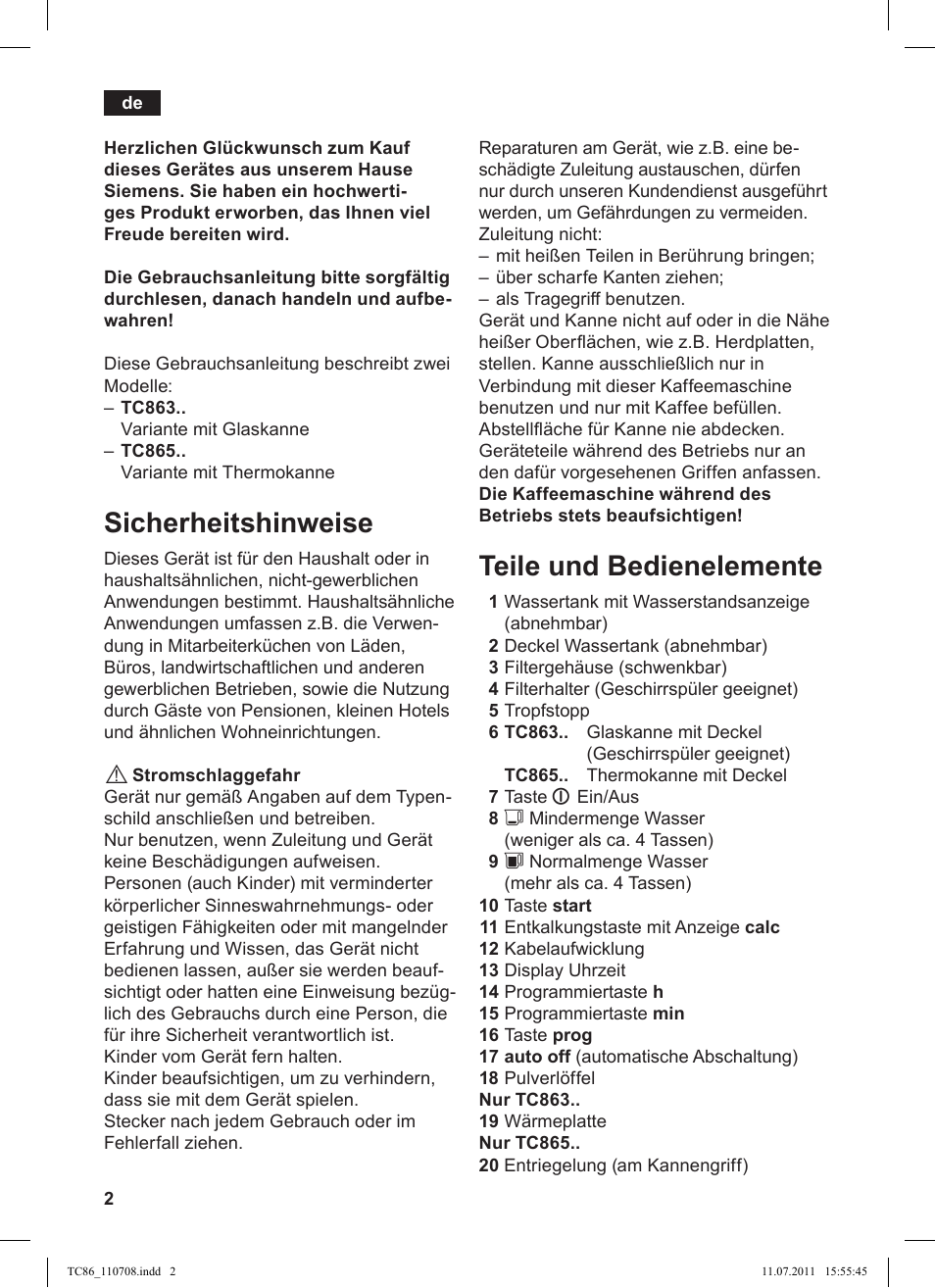 Sicherheitshinweise, Teile und bedienelemente | Siemens TC 86345 User Manual | Page 6 / 108