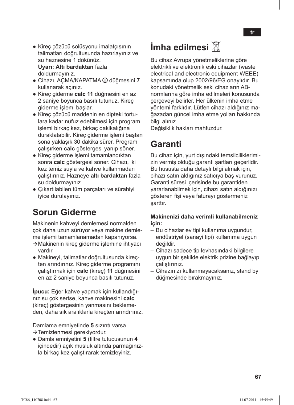 Sorun giderme, Imha edilmesi, Garanti | Siemens TC 86345 User Manual | Page 71 / 108