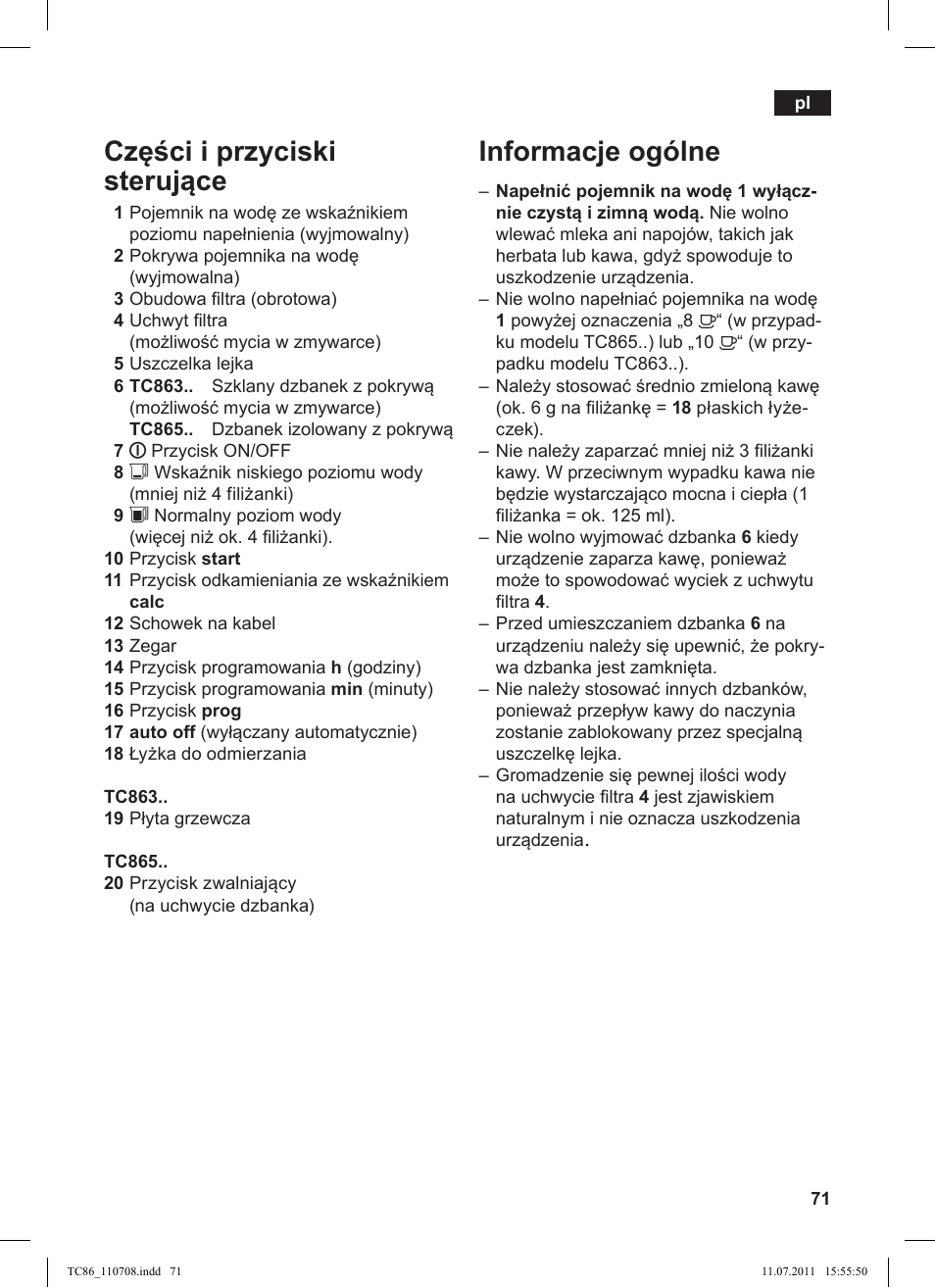 Informacje ogólne, Cz ci i przyciski steruj ce | Siemens TC 86345 User Manual | Page 75 / 108