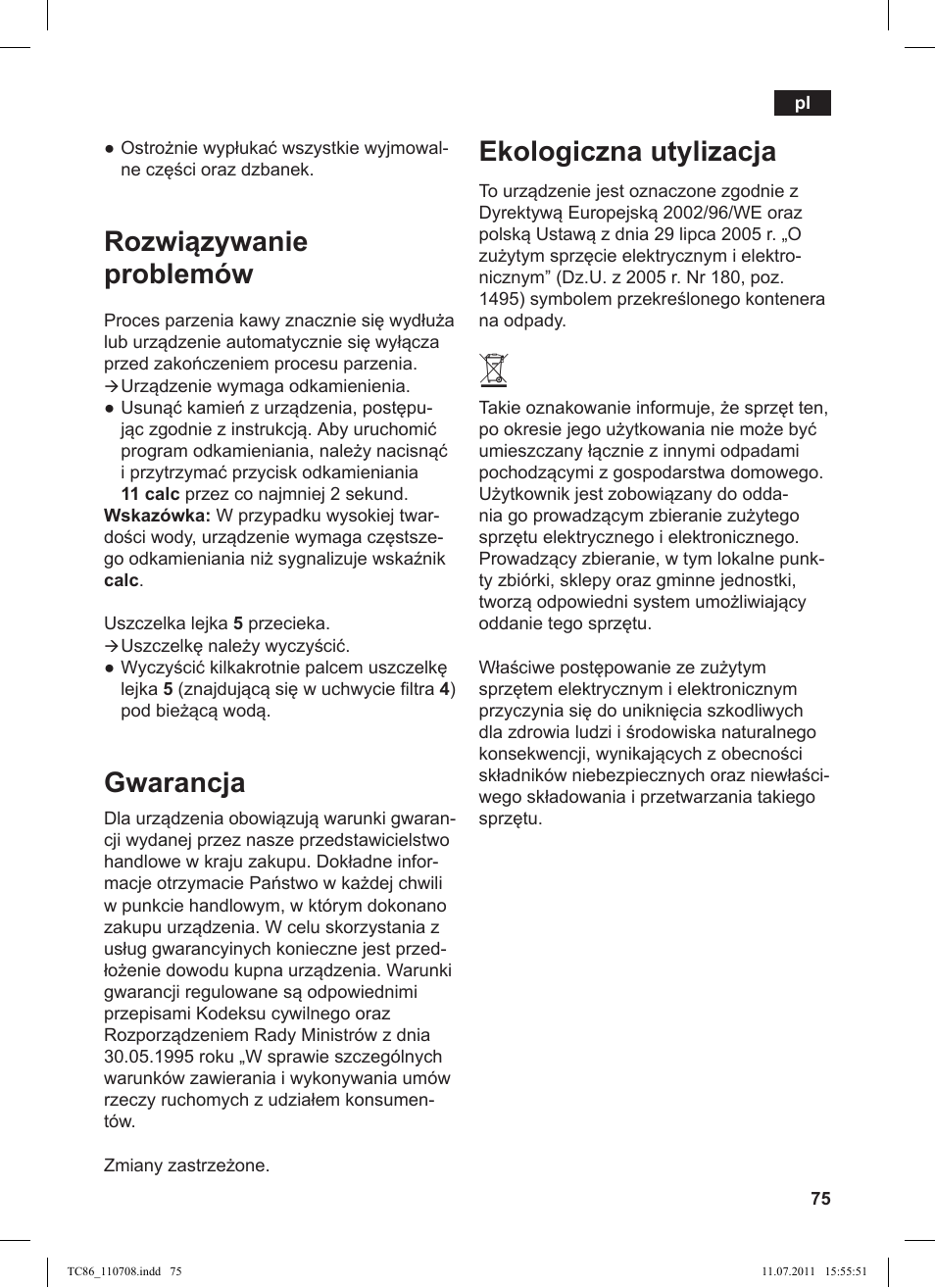 Rozwi zywanie problemów, Gwarancja, Ekologiczna utylizacja | Siemens TC 86345 User Manual | Page 79 / 108