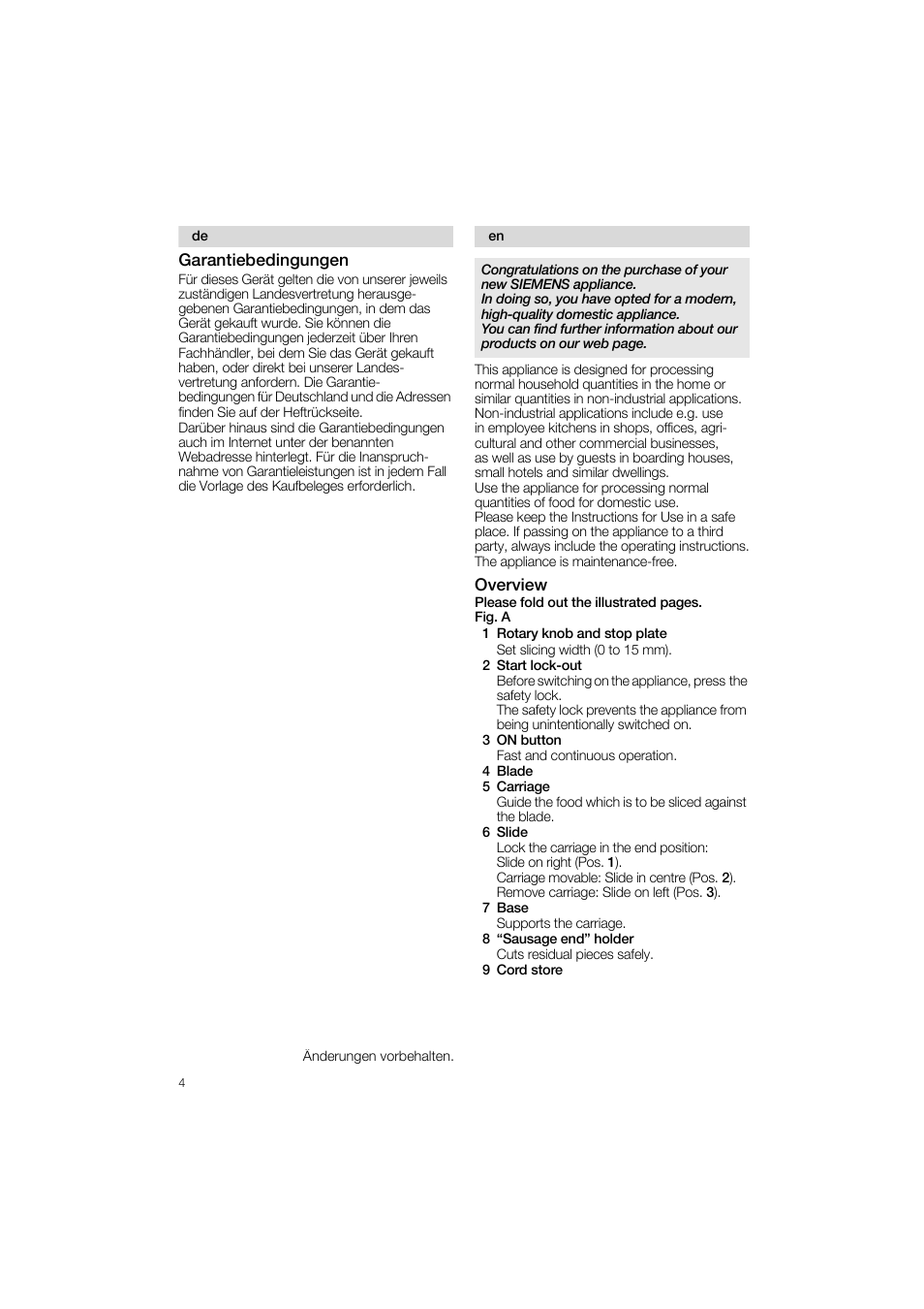 Overview, 1 rotary knob and stop plate, 2 start lock-out | 3 on button, 4 blade, 5 carriage, 6 slide, 7 base, 9 cord store, Garantiebedingungen | Siemens MS 65554 User Manual | Page 4 / 58