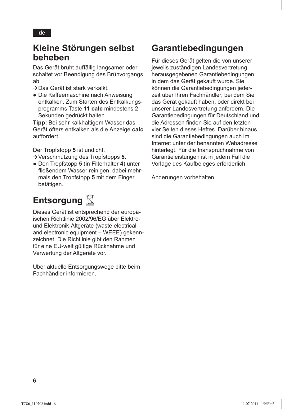 Kleine störungen selbst beheben, Entsorgung, Garantiebedingungen | Siemens TC 86381 User Manual | Page 10 / 108