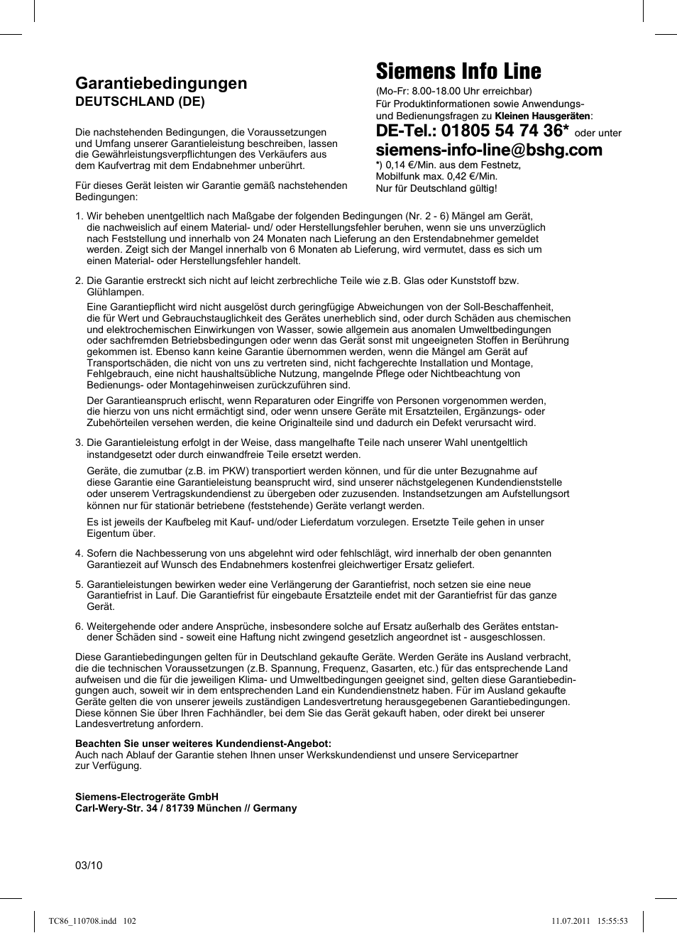 Siemens info line, Garantiebedingungen | Siemens TC 86381 User Manual | Page 106 / 108