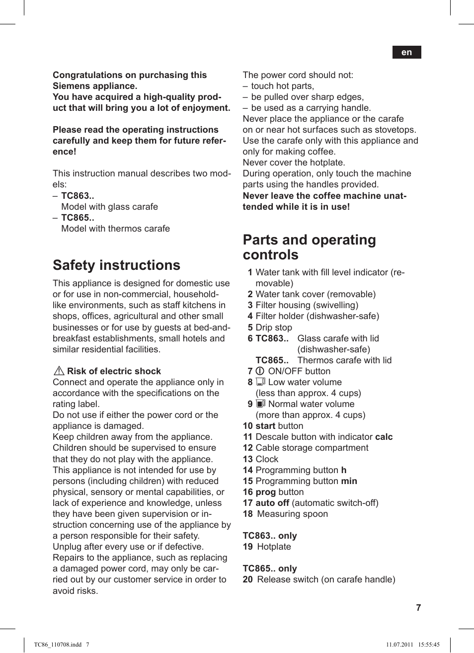 Safety instructions, Parts and operating controls | Siemens TC 86381 User Manual | Page 11 / 108