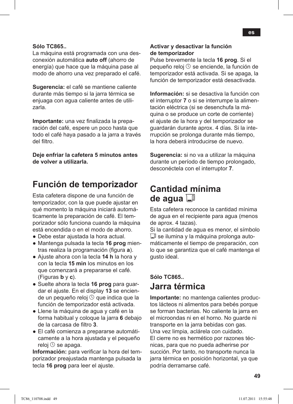 Cantidad mínima de agua j, Jarra térmica, Función de temporizador | Siemens TC 86381 User Manual | Page 53 / 108