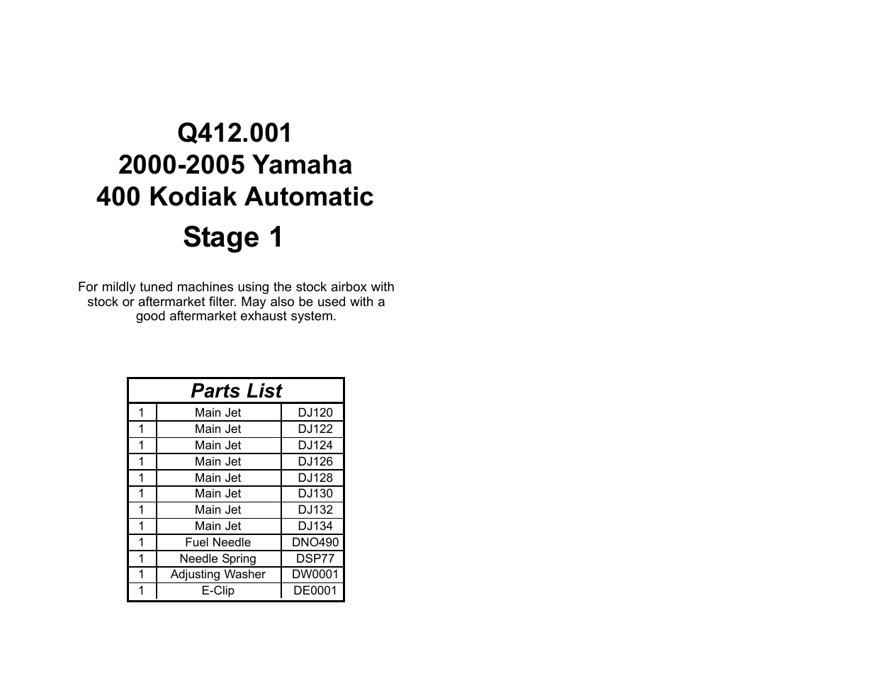 High Lifter DynoJet Jet Kit for Yamaha Kodiak 400 (00-06) User Manual | 2 pages