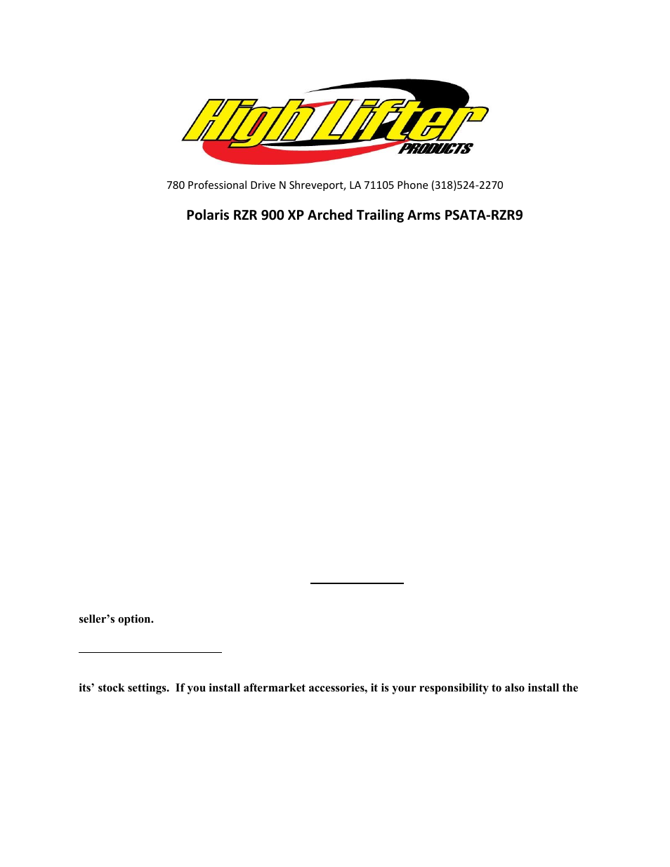 High Lifter Max Clearance Series Trailing Arm Kit for Polaris RZR XP 900 User Manual | 9 pages